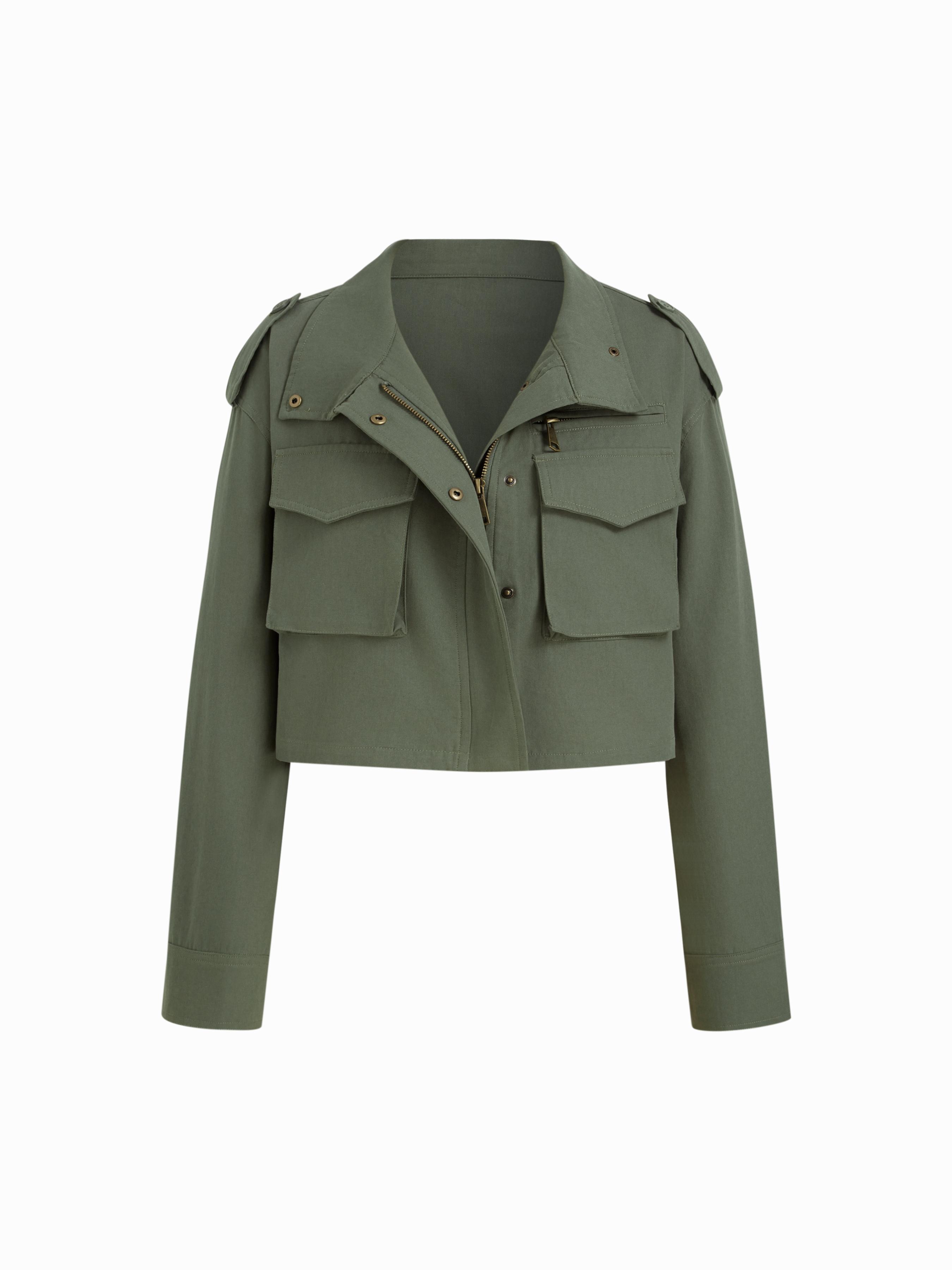 Cotton-blend Collar Zip Through Oversized Crop Jacket by CIDER