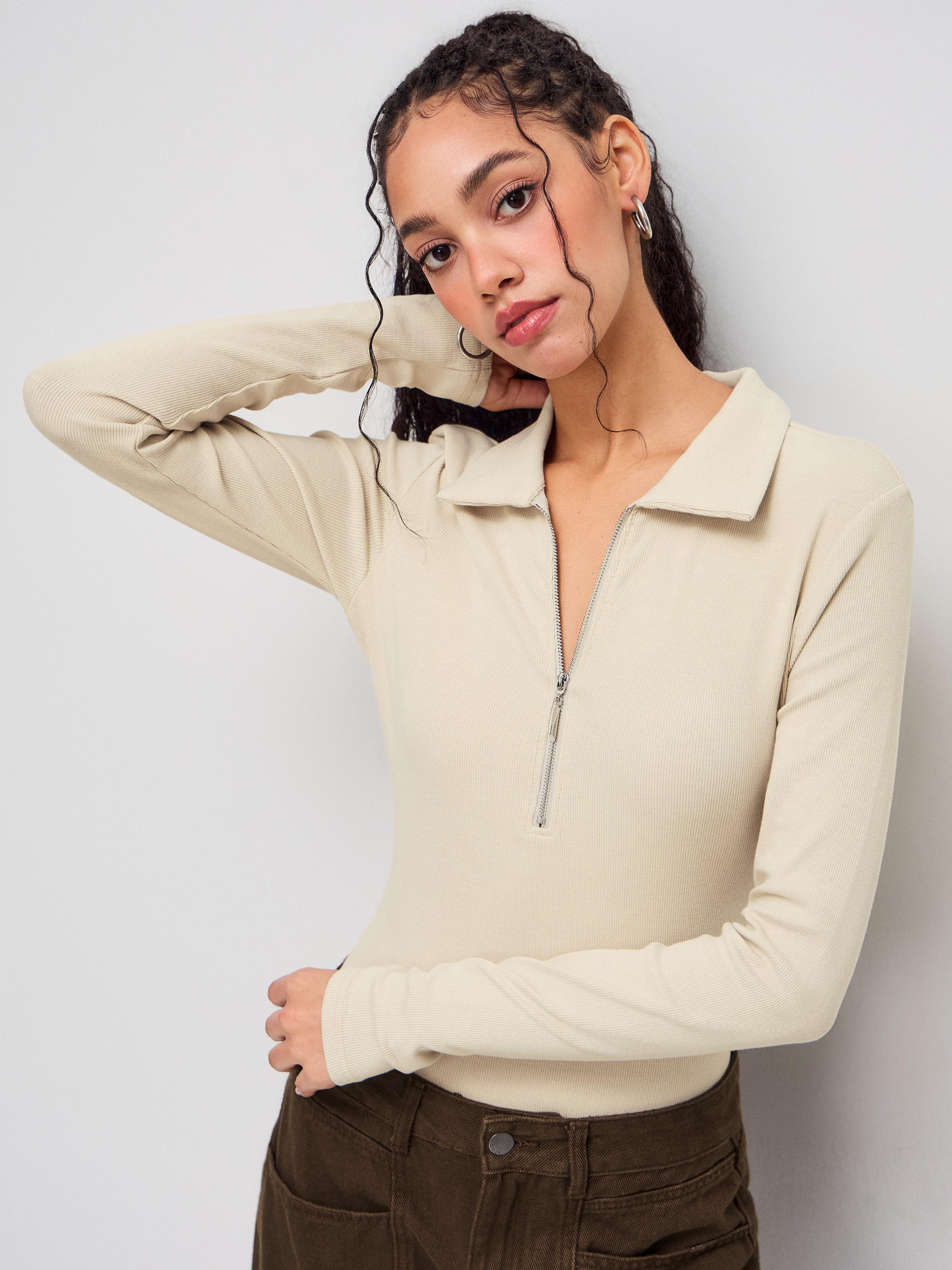 Cotton-blend Collar Zipper Bodysuit by CIDER
