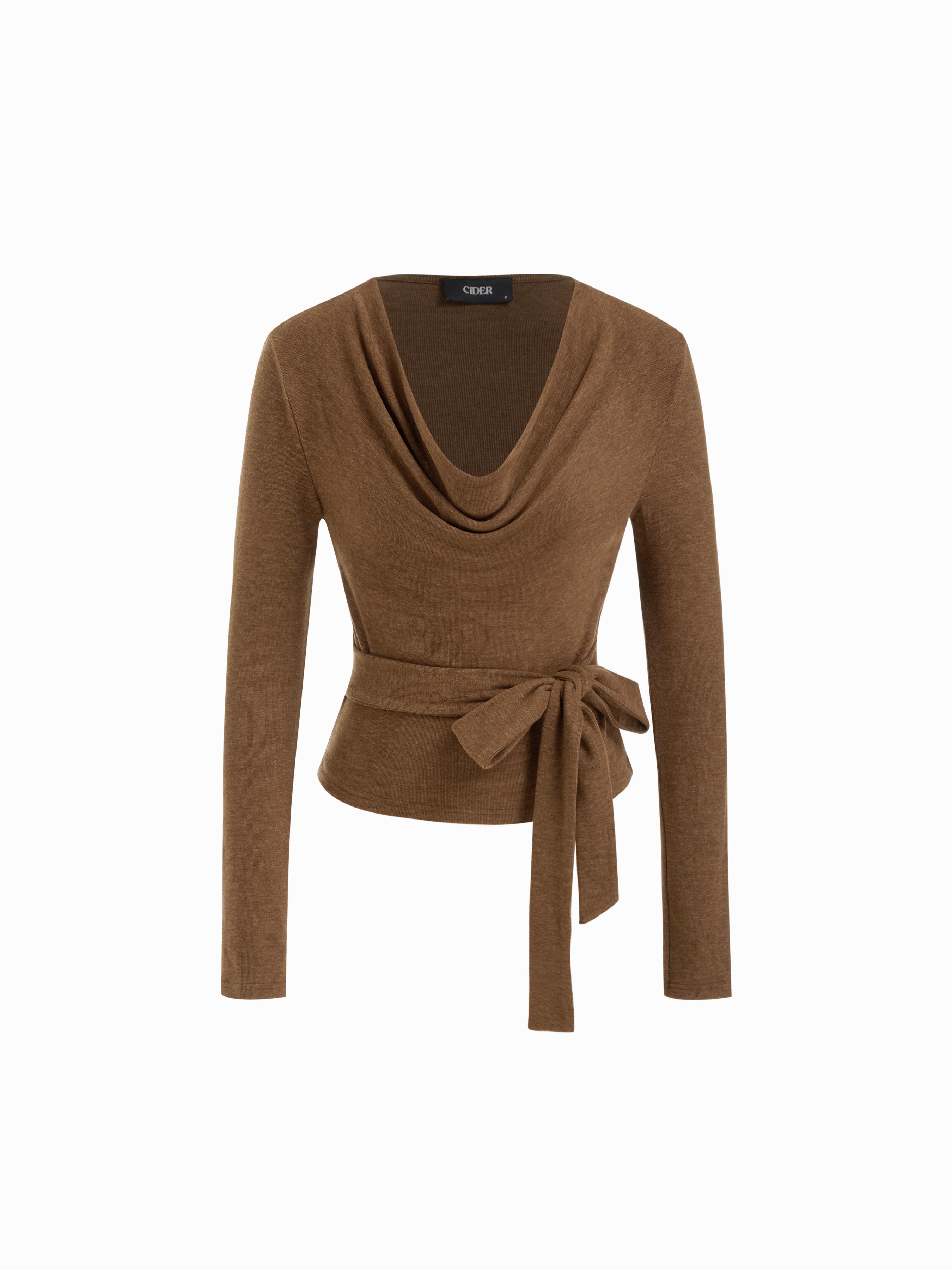 Cotton-blend Cowl Neck Tie Waist Top by CIDER