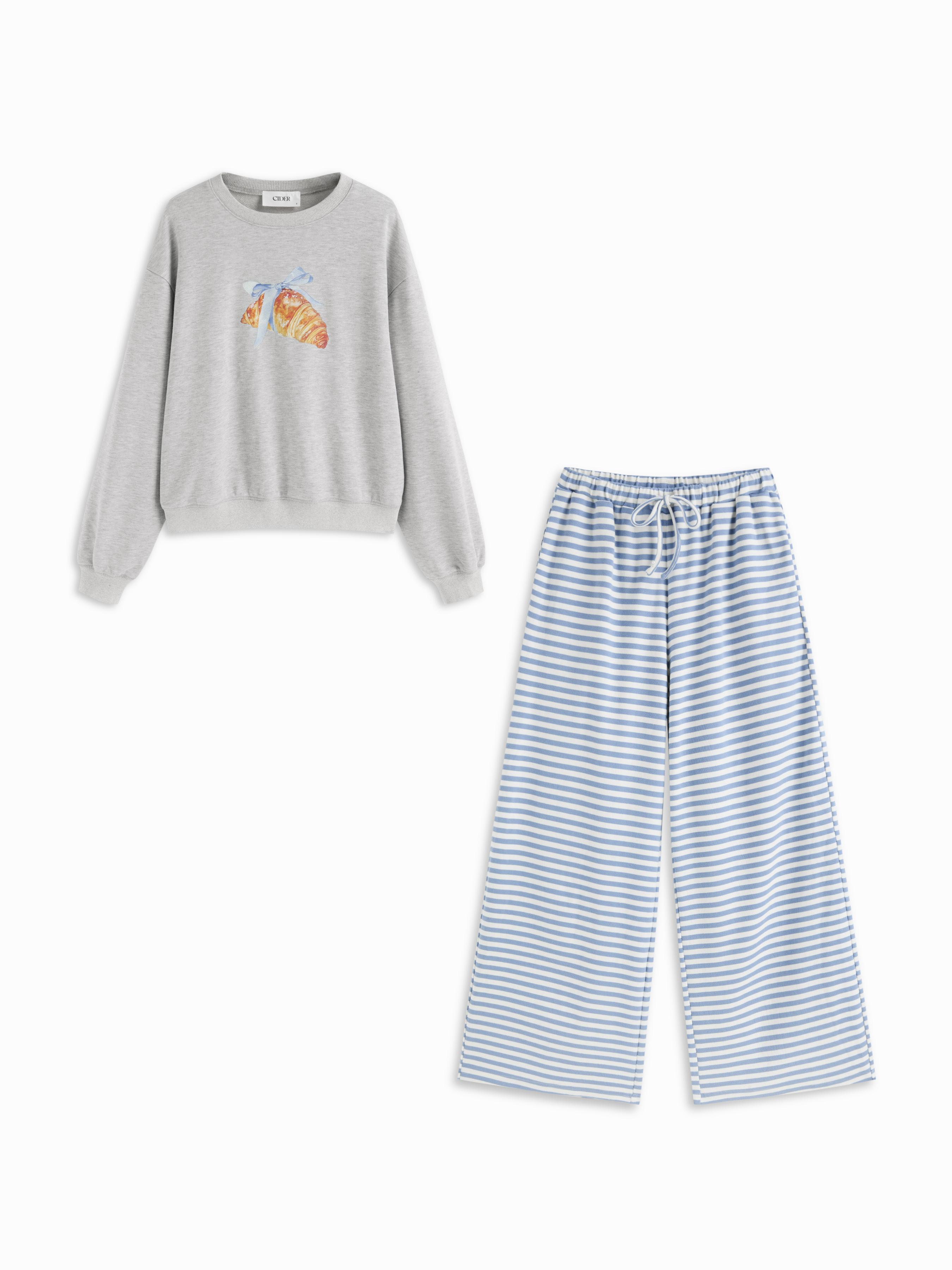 Cotton-blend Croissant Graphic Top & Striped Mid Rise Drawstring Wide Leg Trousers Loungewear Set by CIDER