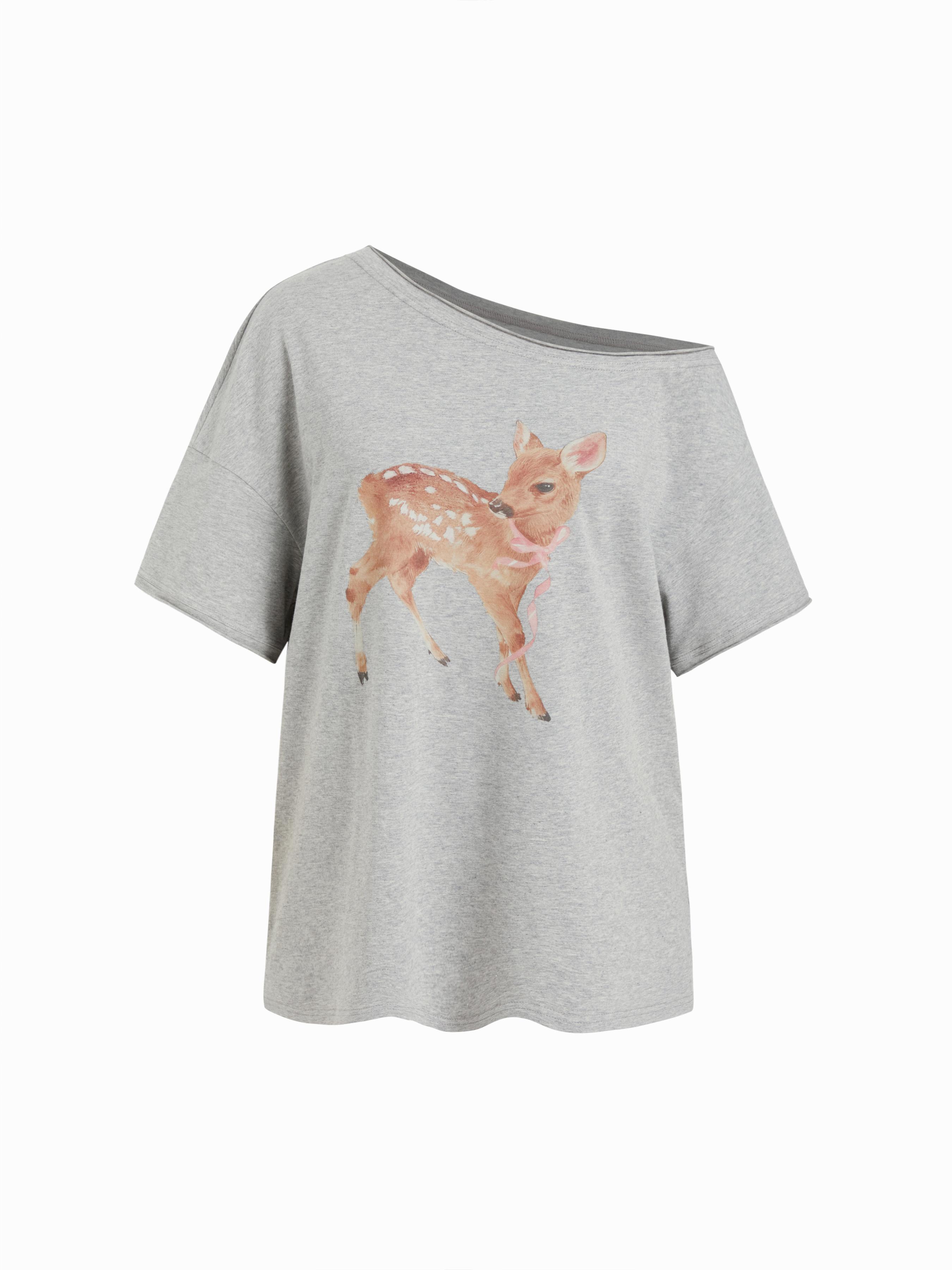 Cotton-blend Deer Graphic Asymmetrical Neck Oversized Tee by CIDER
