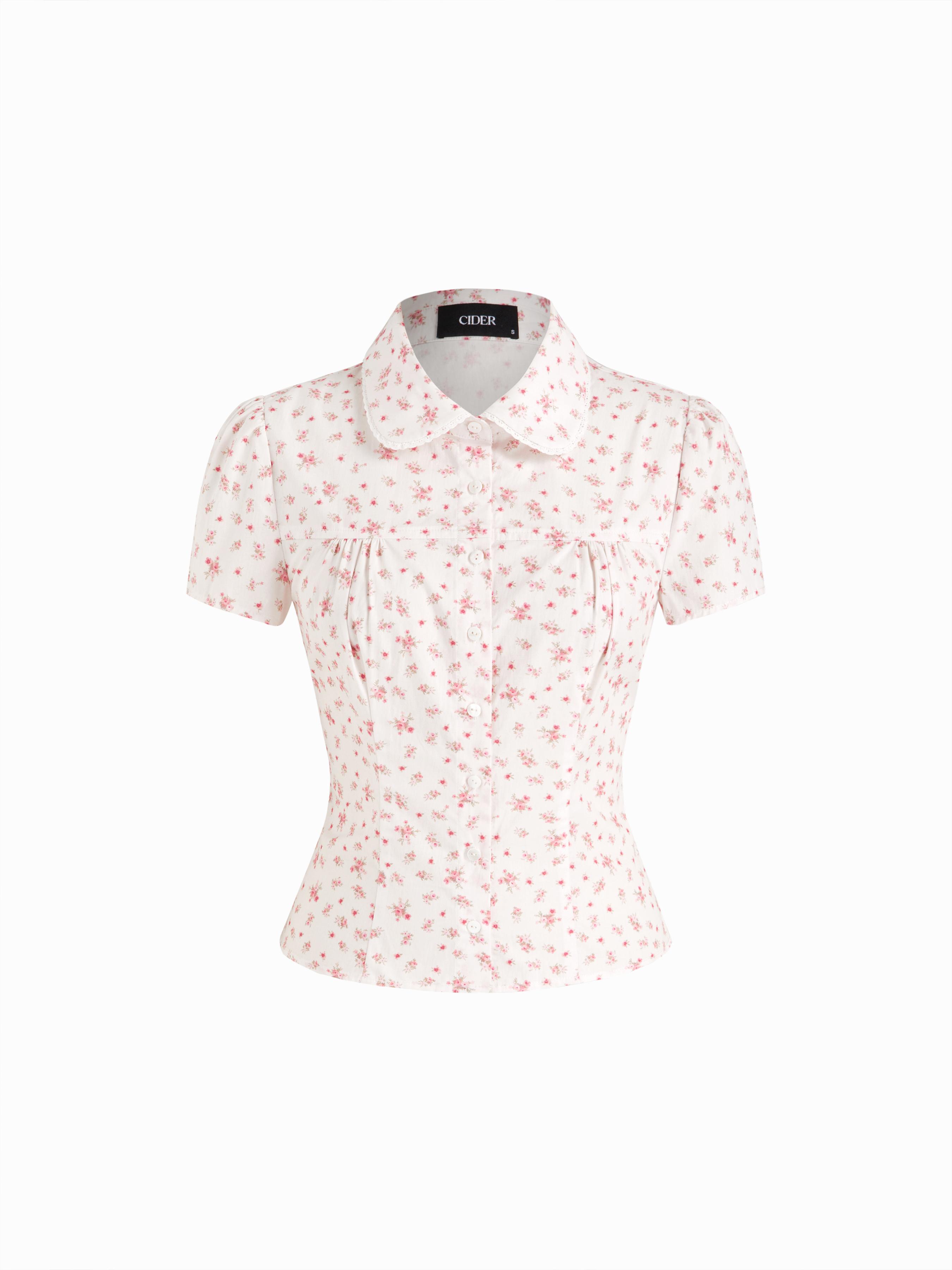 Cotton-blend Ditsy Floral Lace Trim Ruched Button Short Sleeve Blouse by CIDER