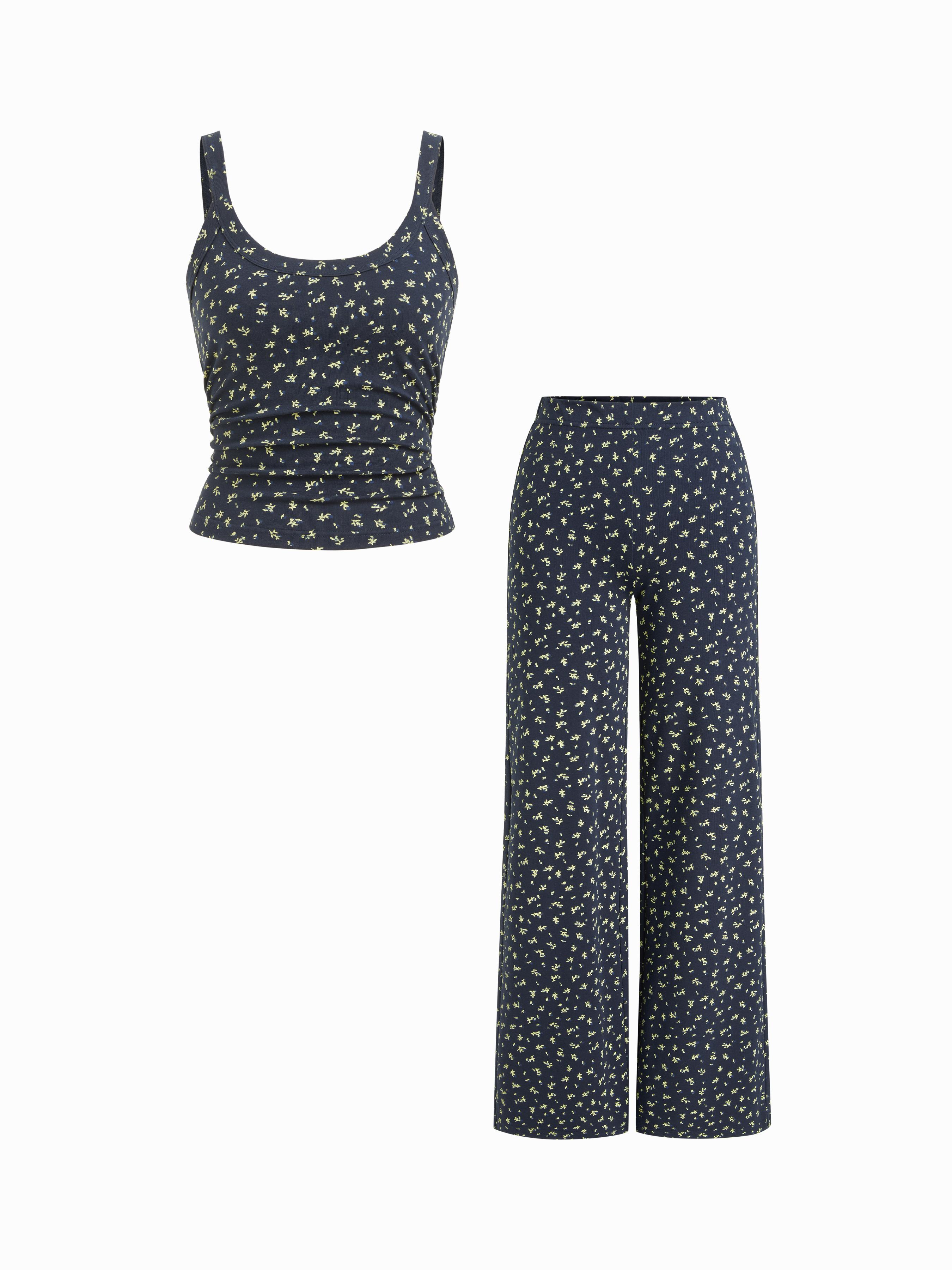 Cotton-blend Ditsy Floral U-neckline Ruched Top & Mid Rise Straight Leg Trousers Set by CIDER
