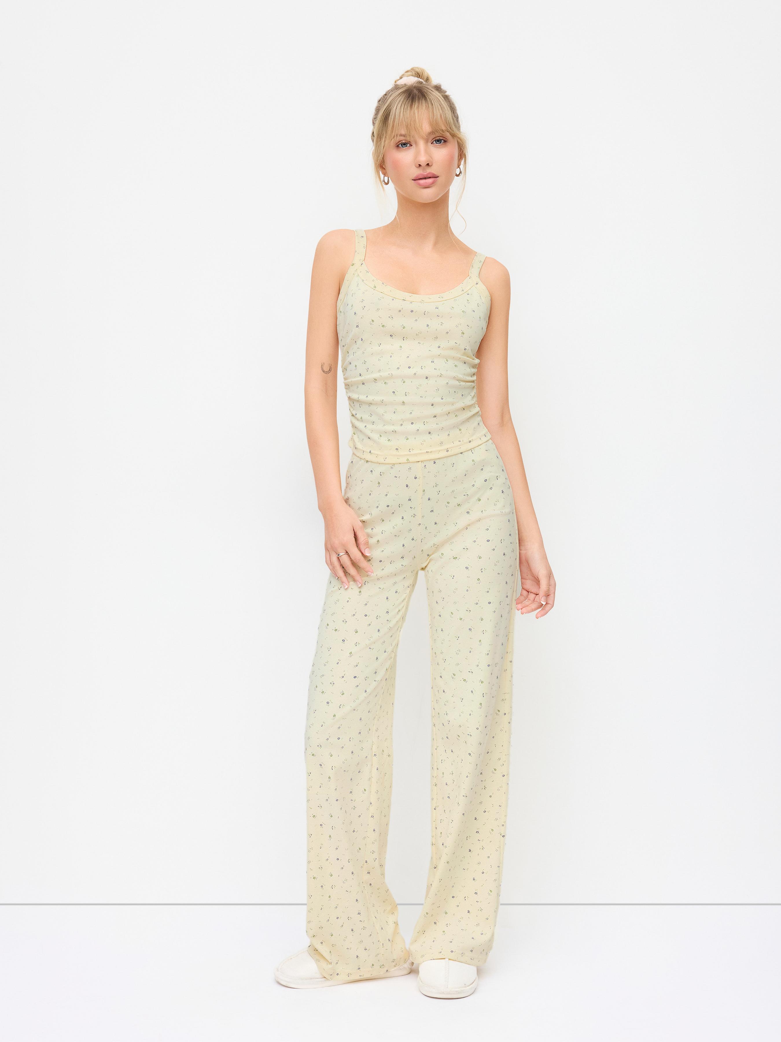 Cotton-blend Ditsy Floral U-neckline Ruched Top & Mid Rise Straight Leg Trousers Set by CIDER