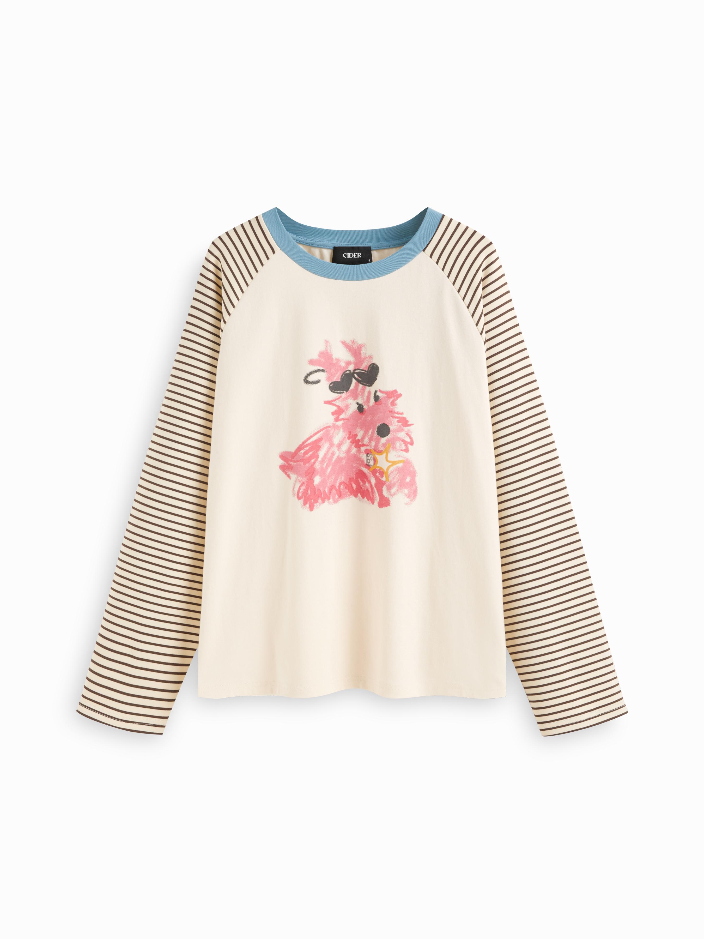 Cotton-blend Dog Graphic Round Neckline Striped Patched Tee by CIDER