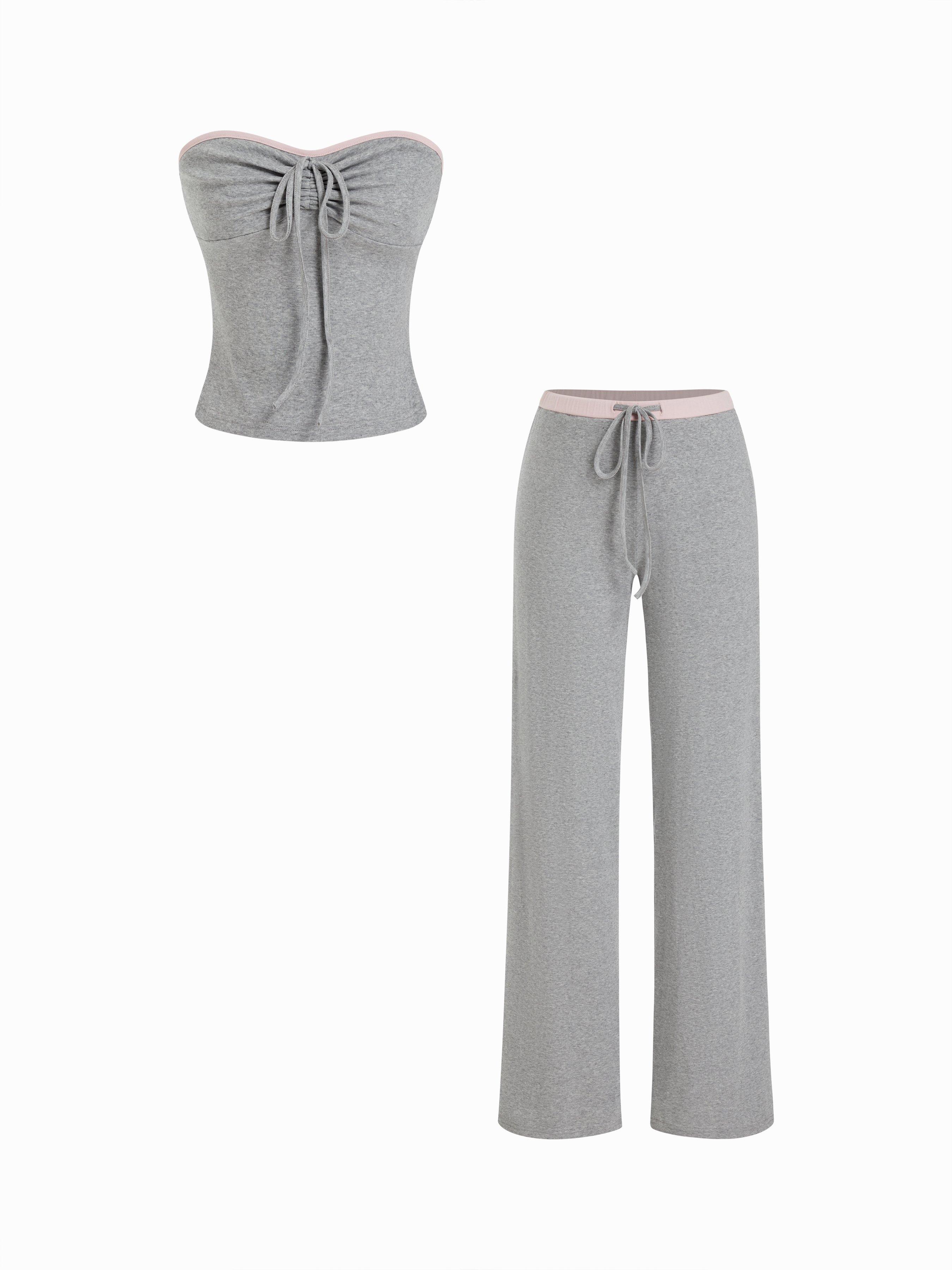 Cotton-blend Drawstring Bandeau Top & High Rise Wide Leg Trousers Set by CIDER