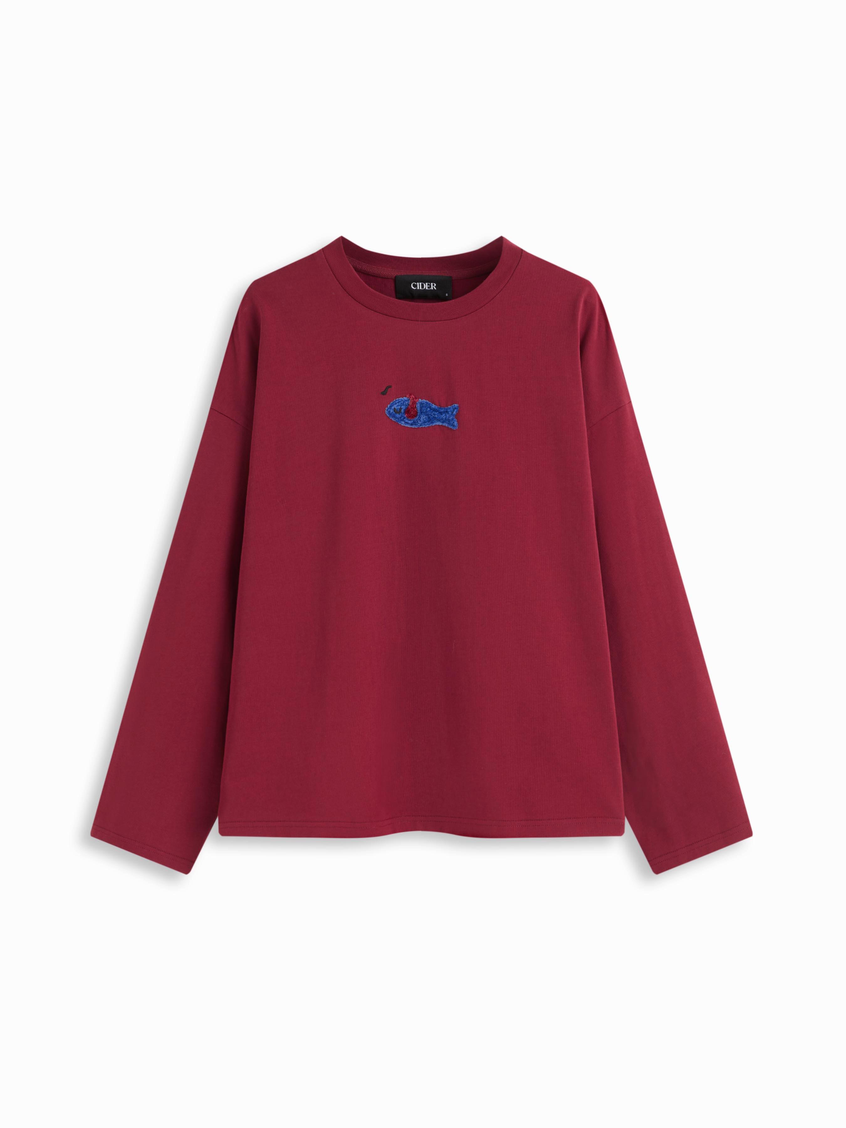 Cotton-blend Fish Embroidery Round Neckline Long Sleeve Oversized Tee by CIDER