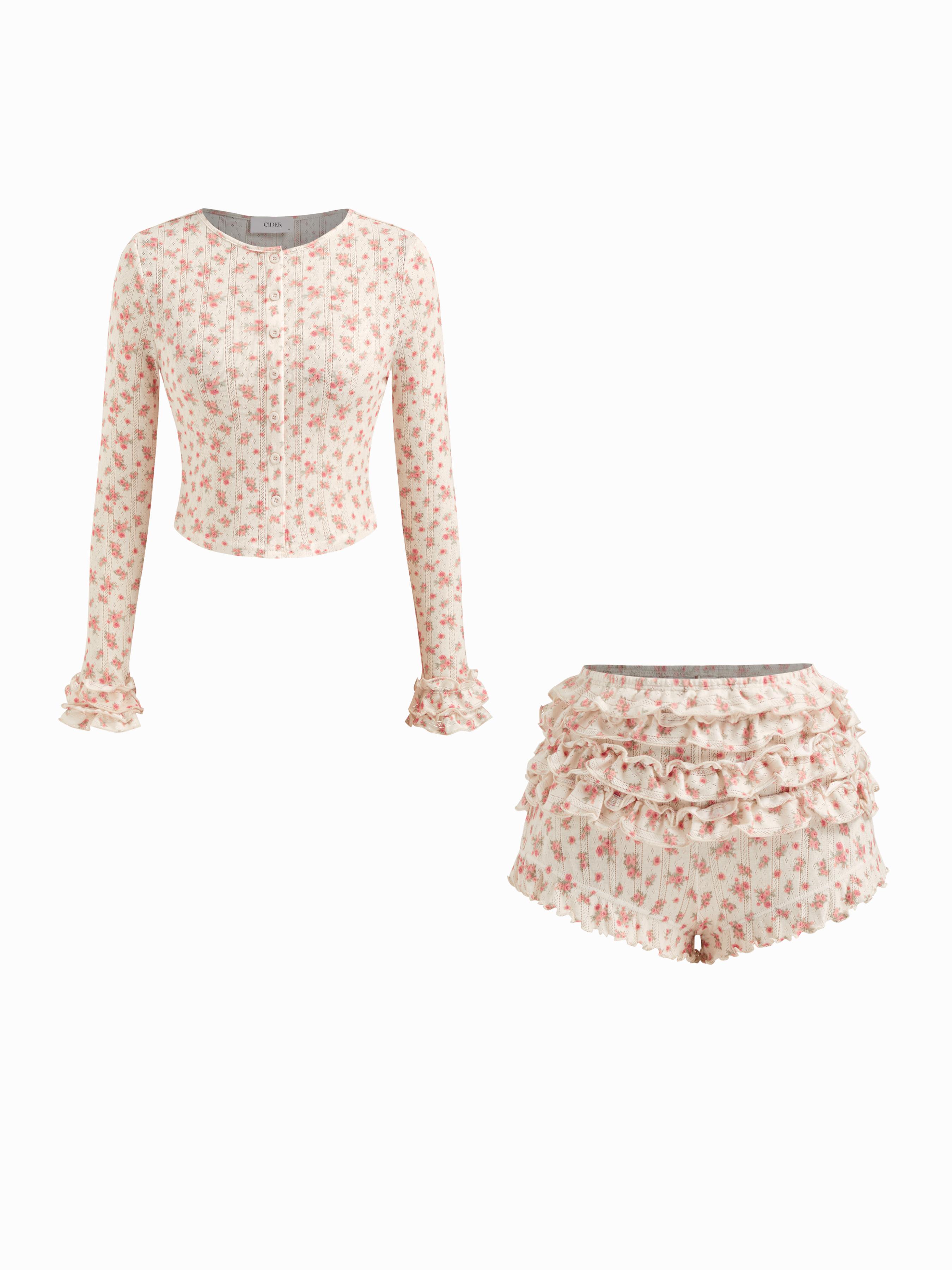 Cotton-blend Floral Button Crop Top & Mid Rise Lettuce Trim Layered Shorts Loungewear Set by CIDER