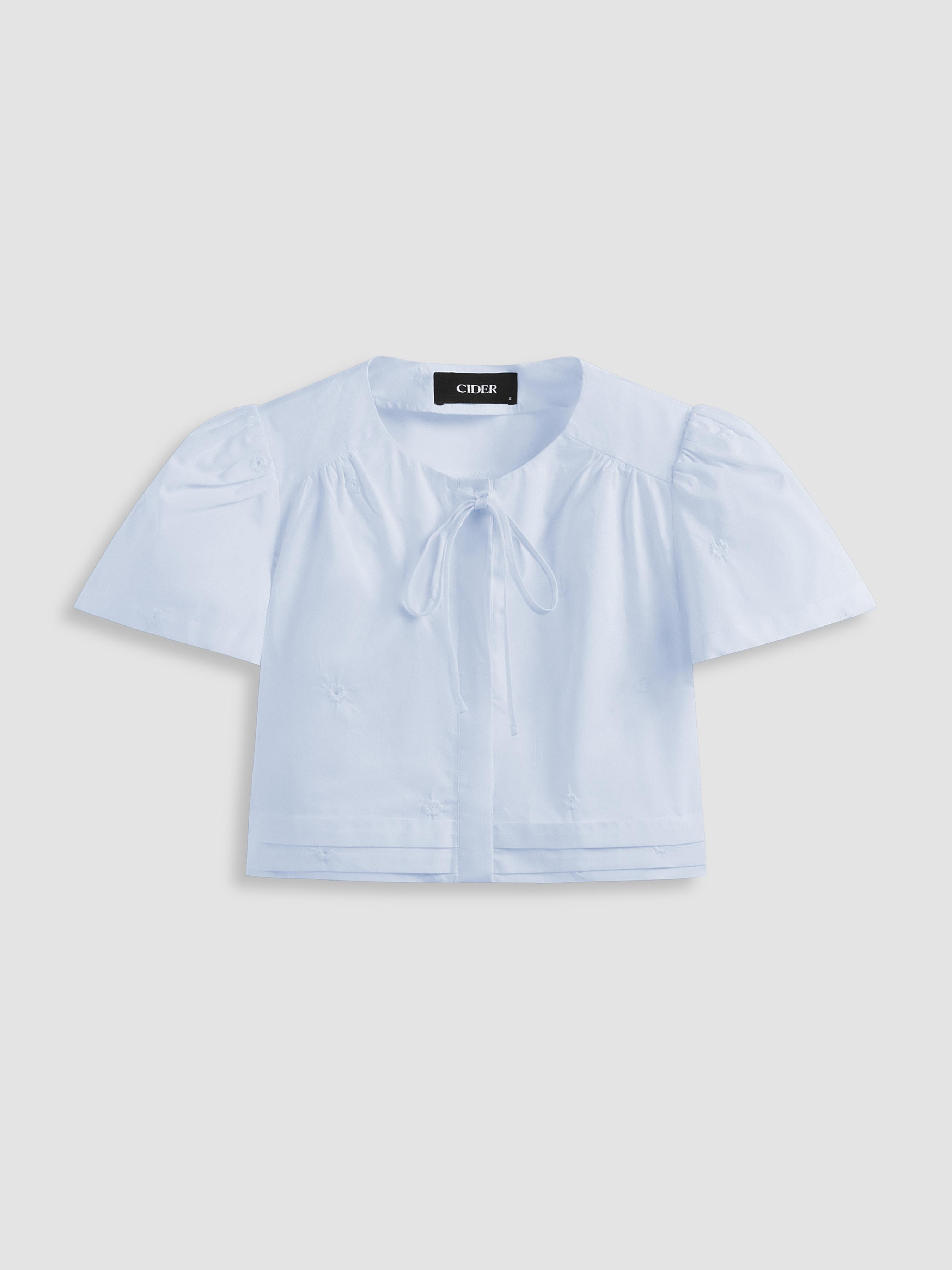 Cotton-blend Floral Embroidery Knotted Crop Shirt by CIDER