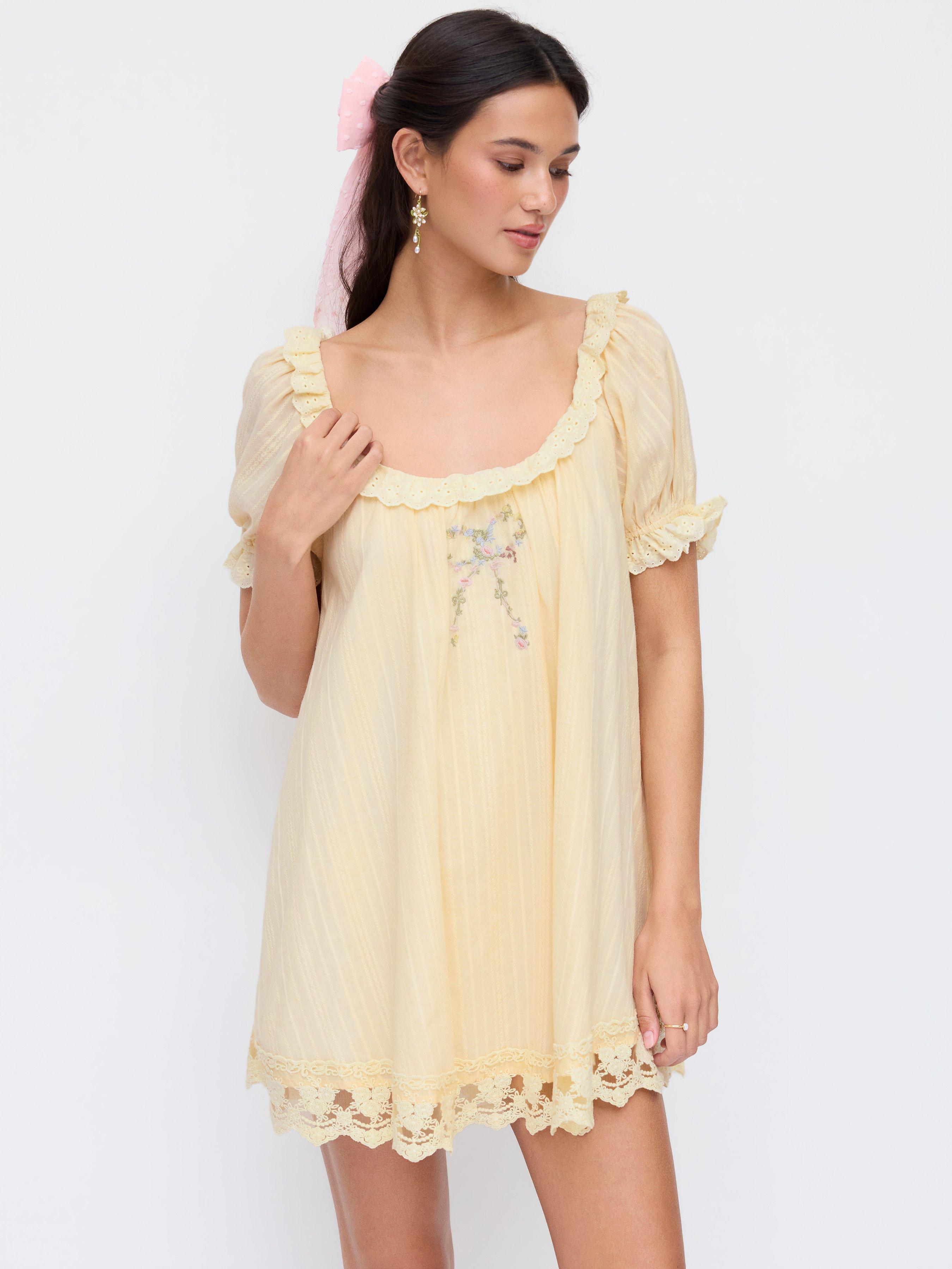Cotton-blend Floral Graphic Scoop Neck Puff Sleeve Lace Babydoll Mini Dress by CIDER