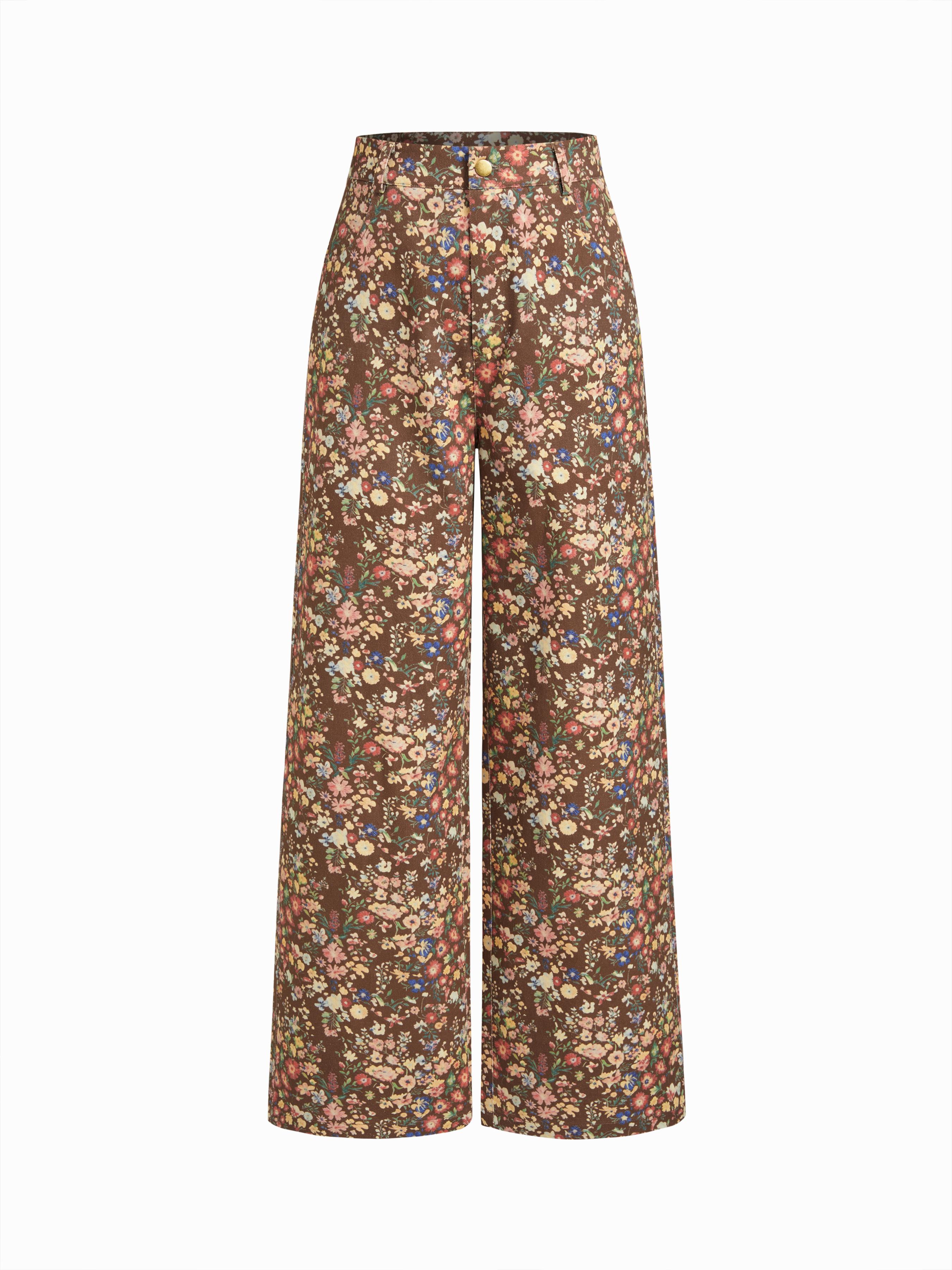 Cotton-blend Floral High Rise Straight Leg Trousers by CIDER