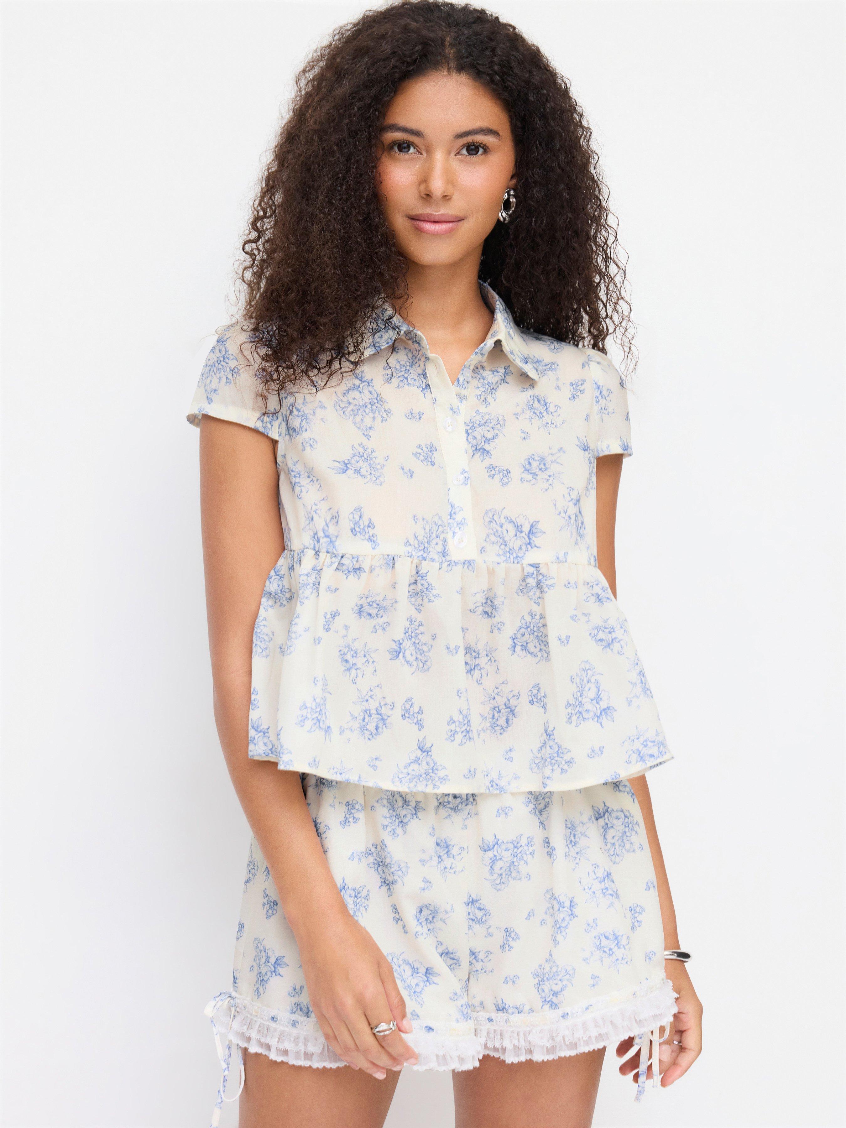 Cotton-blend Floral Peplum Short Sleeve Oversized Blouse by CIDER