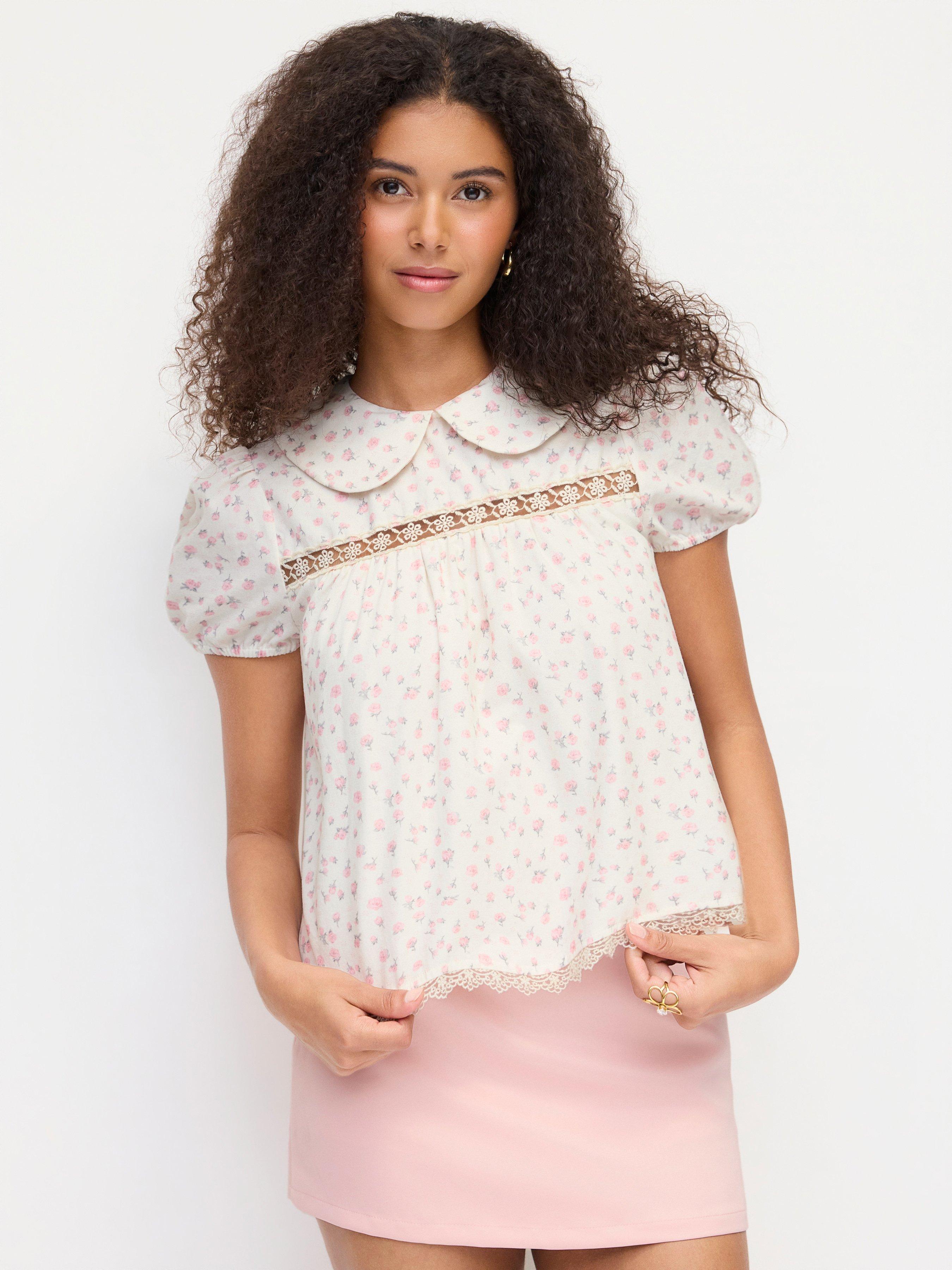 Cotton-blend Floral Peter Pan Collar Puff Sleeve Lace Insert Babydoll Blouse by CIDER