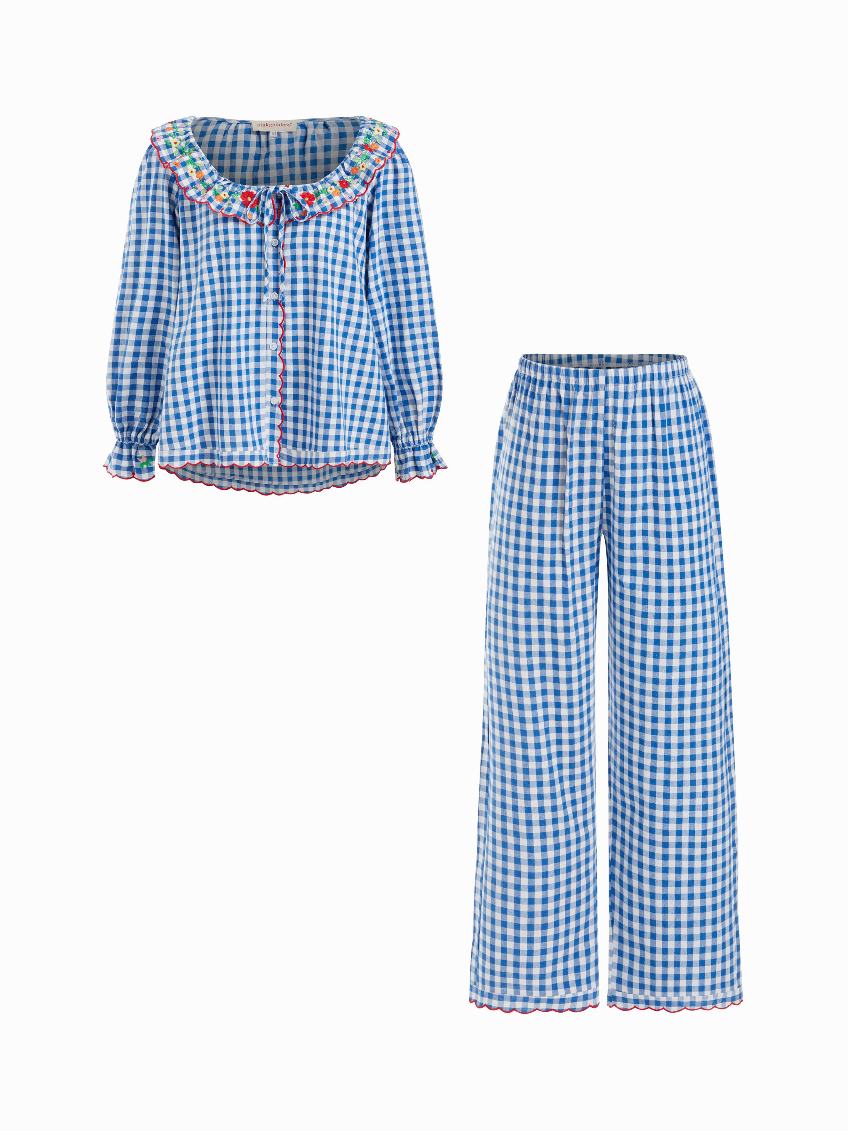 Cotton-blend Floral Scoop Neckline Gingham Top & Straight Leg Trousers Loungewear Set by CIDER