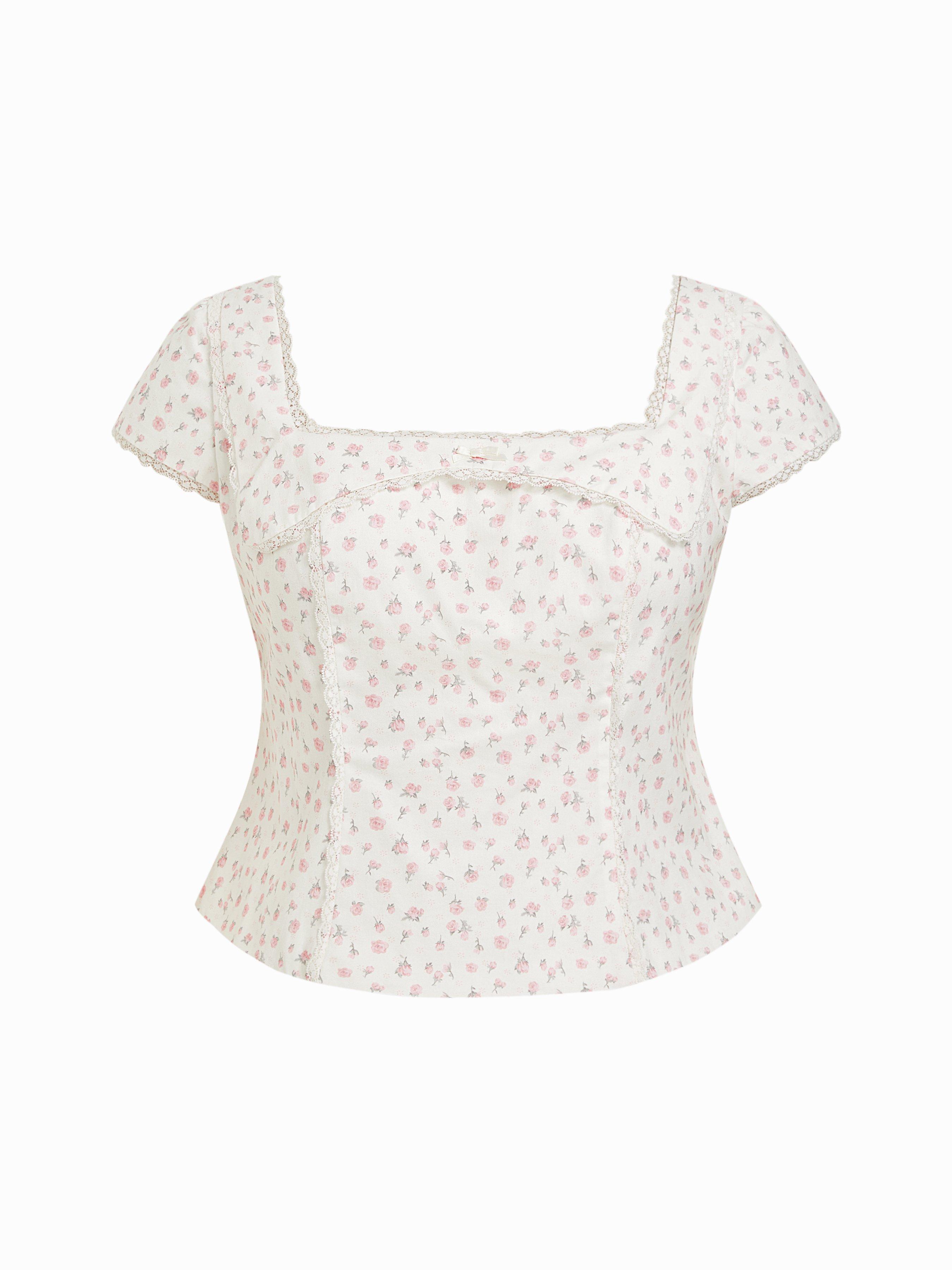 Cotton-blend Floral Square Neck Lace Trim Bowknot Blouse Curve & Plus by CIDER