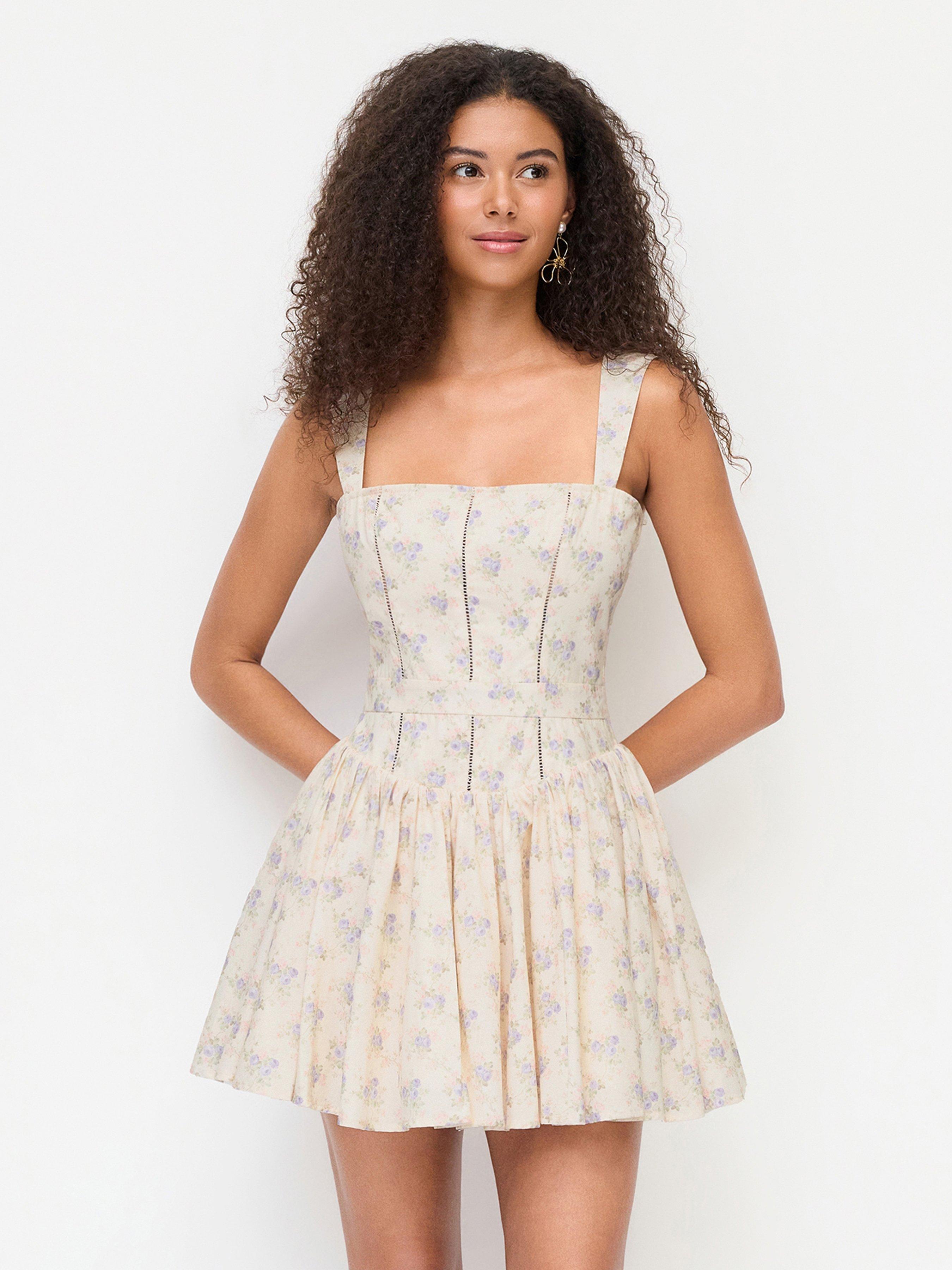 Cotton-blend Floral Square Neck Pleated Flared Mini Dress by CIDER