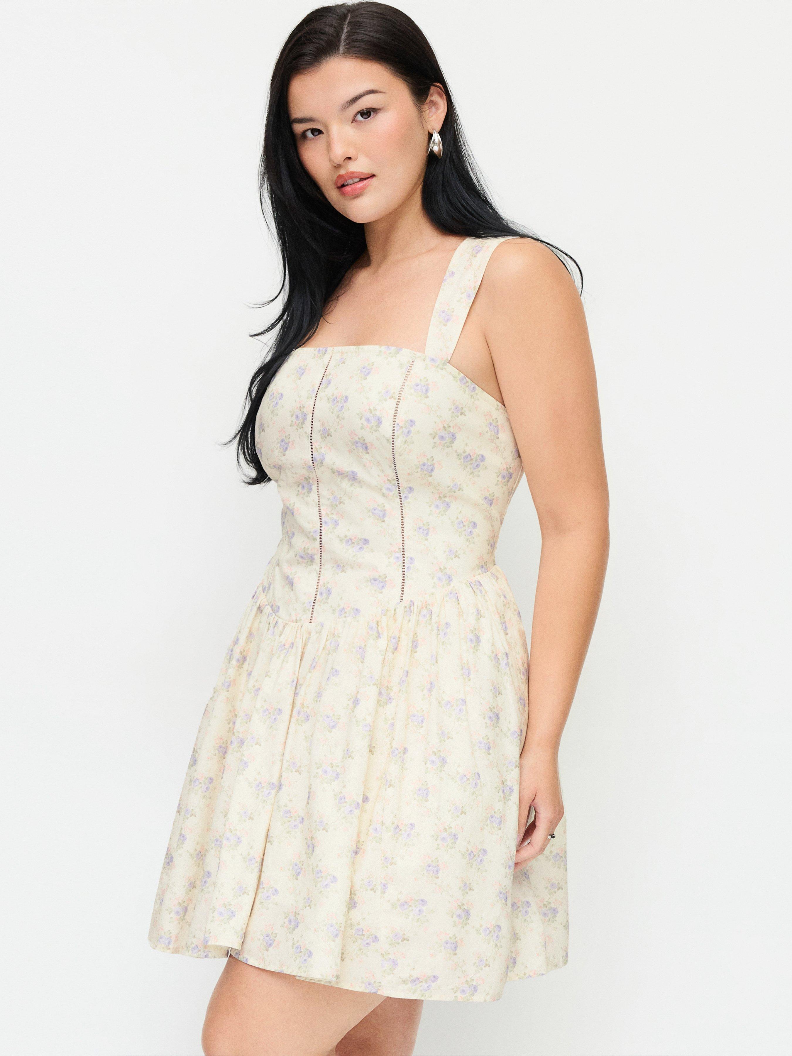 Cotton-blend Floral Square Neck Pleated Shirred A-line Mini Dress Curve & Plus by CIDER
