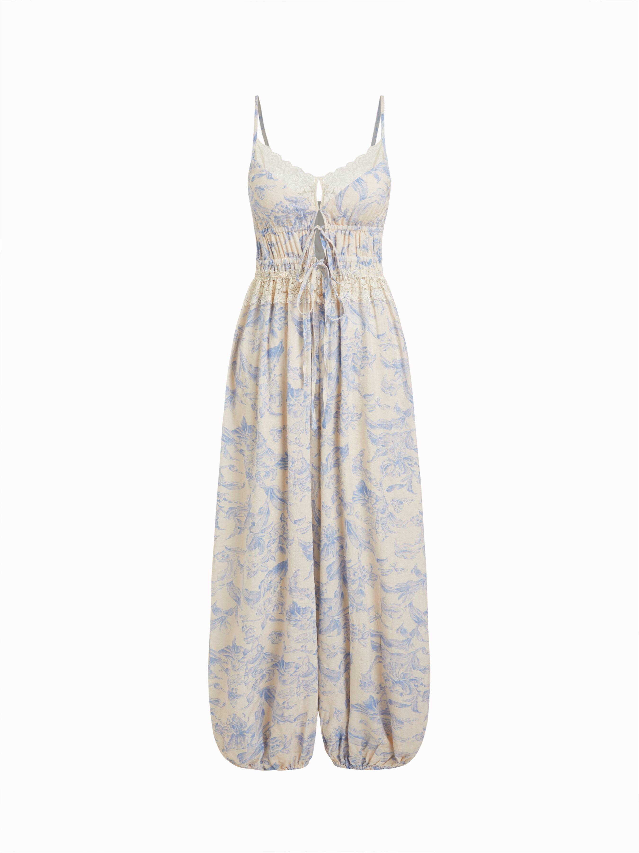 Cotton-blend Floral Sweetheart Cami Lace Trim Drawstring Barrel-leg Jumpsuit by CIDER