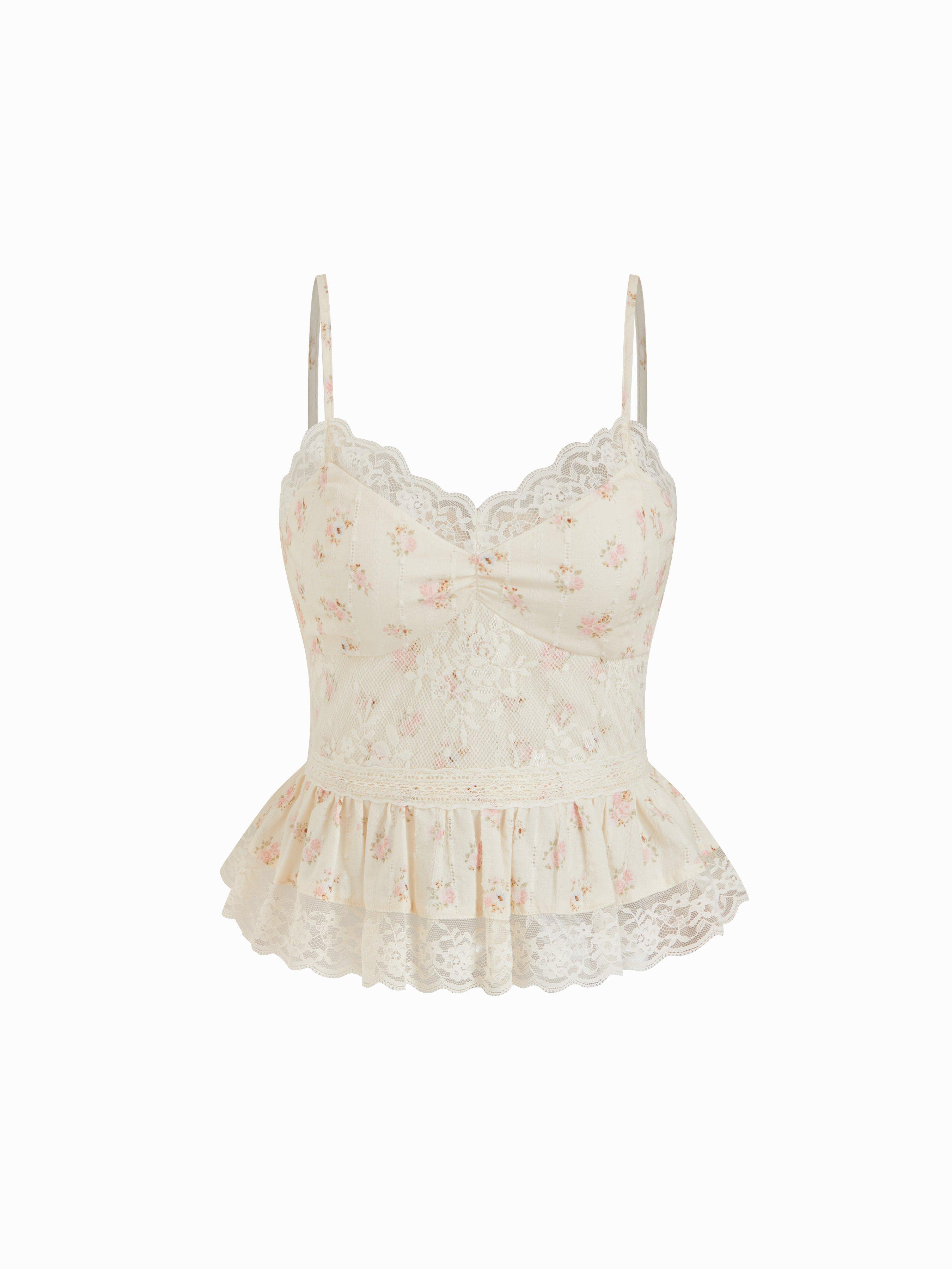 Cotton-blend Floral Sweetheart Lace Trim Peplum Cami Blouse by CIDER