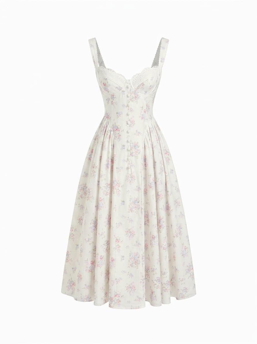 Cotton-blend Floral Sweetheart Neck Ruched Flared Midi Dress by CIDER
