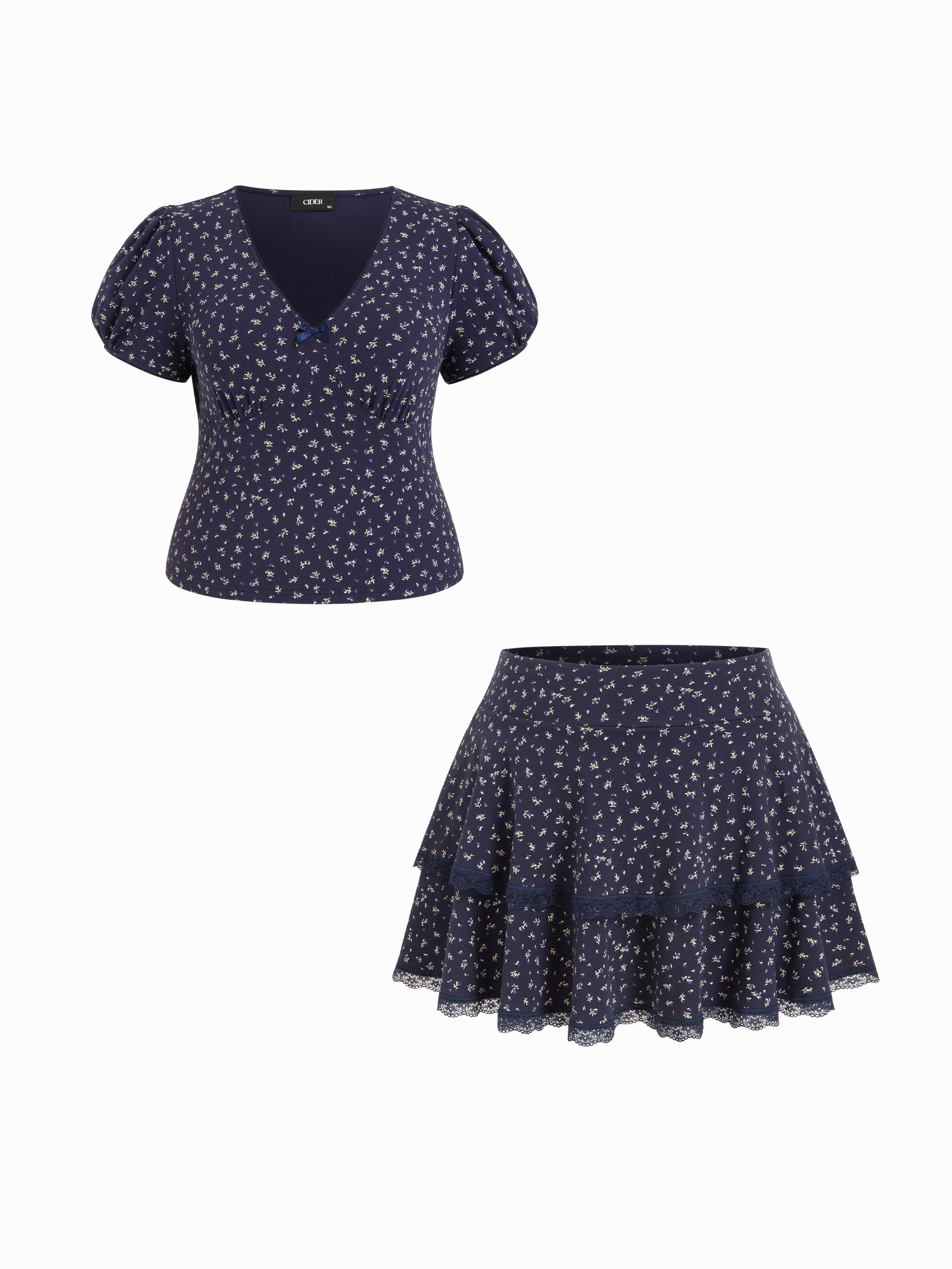 Cotton-blend Floral V-Neck Top & Mid Rise Tiered Mini Skirt Set Curve & Plus by CIDER