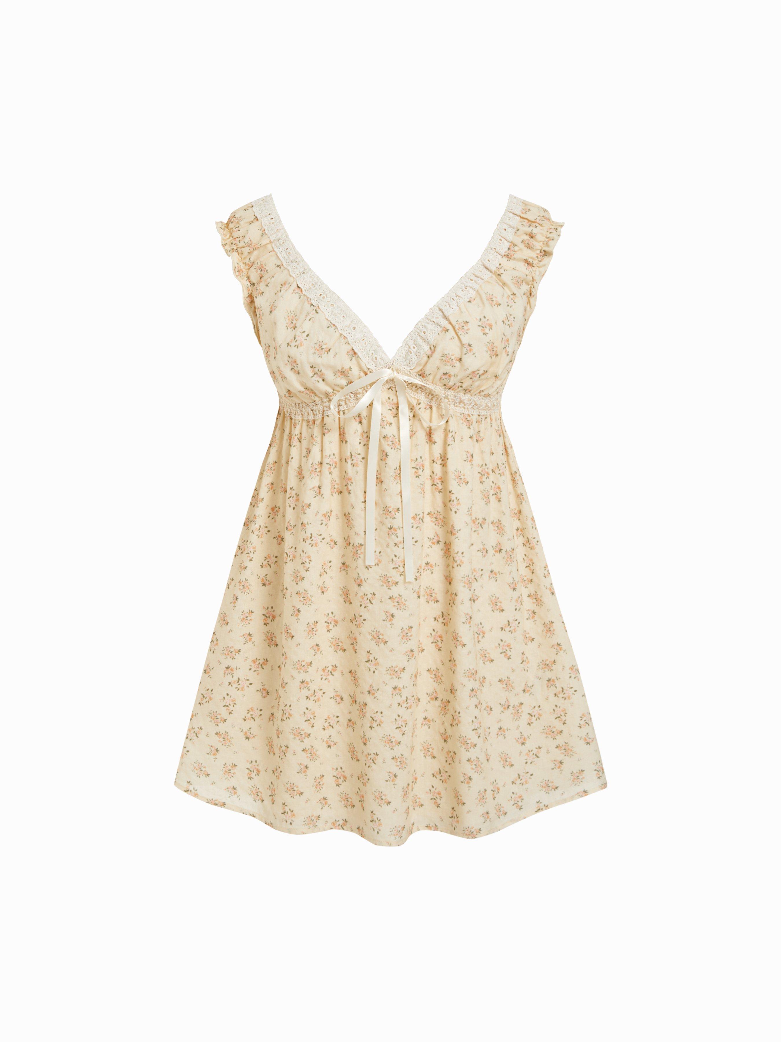 Cotton-blend Floral V-neck Textured Lace Trim Bowknot Babydoll Mini Dress by CIDER