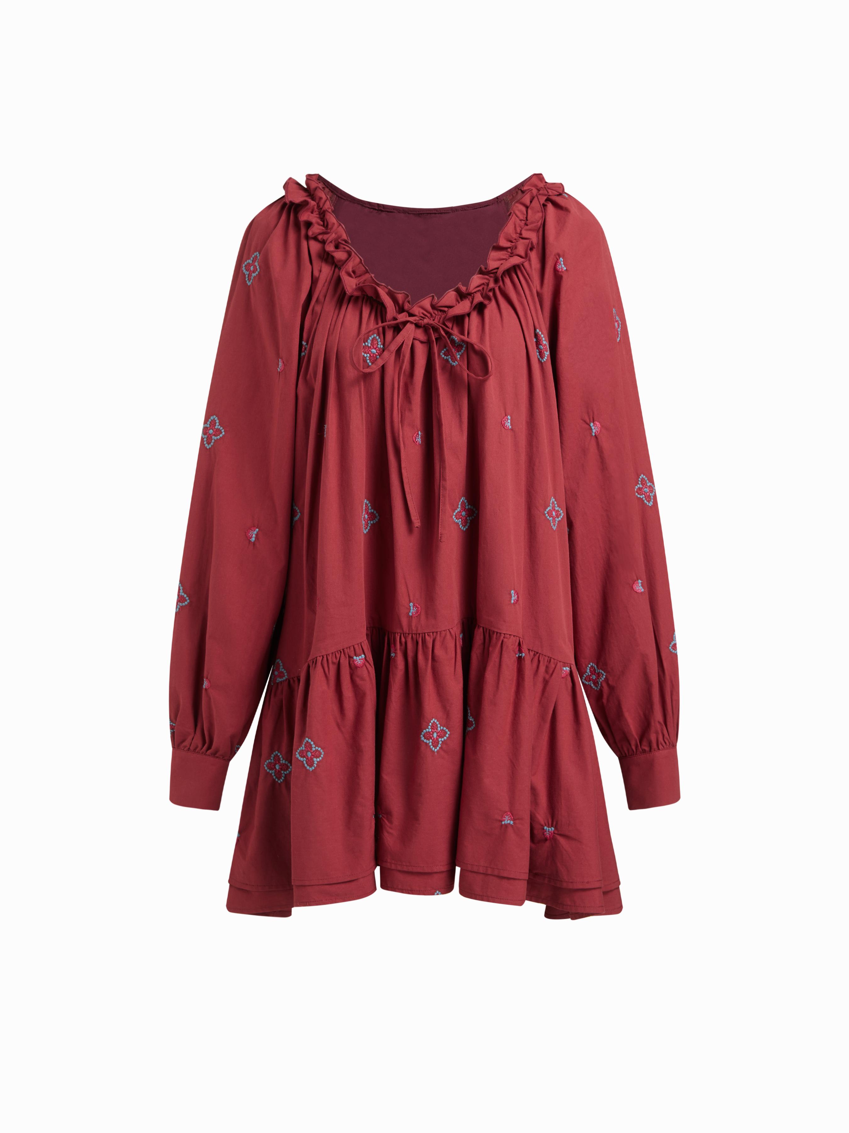Cotton-blend Flower & Strawberry Graphic U-neckline Ruched Babydoll Mini Dress by CIDER
