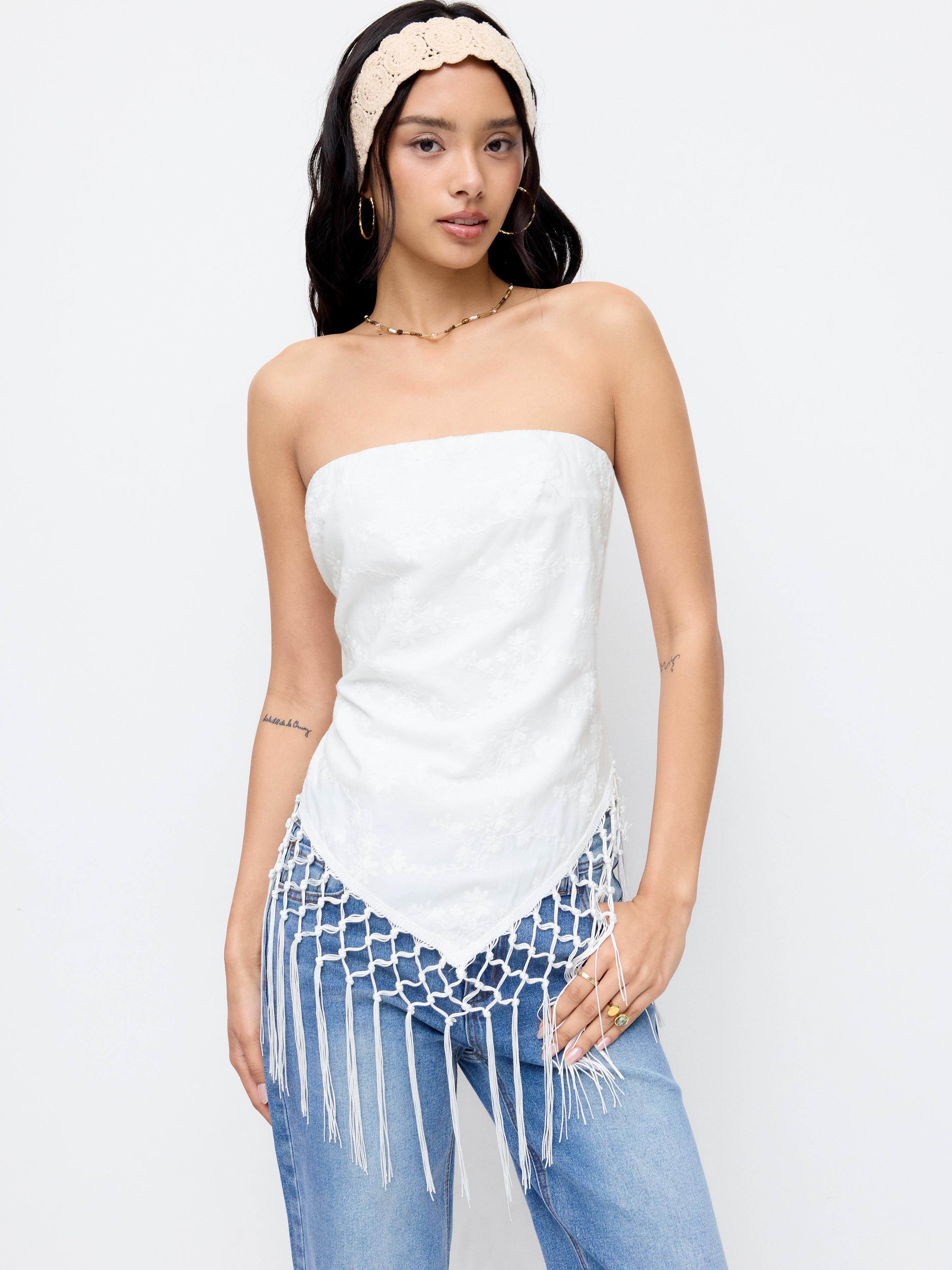 Cotton-blend Fringe Hem Asymmetrical Wrap Top by CIDER