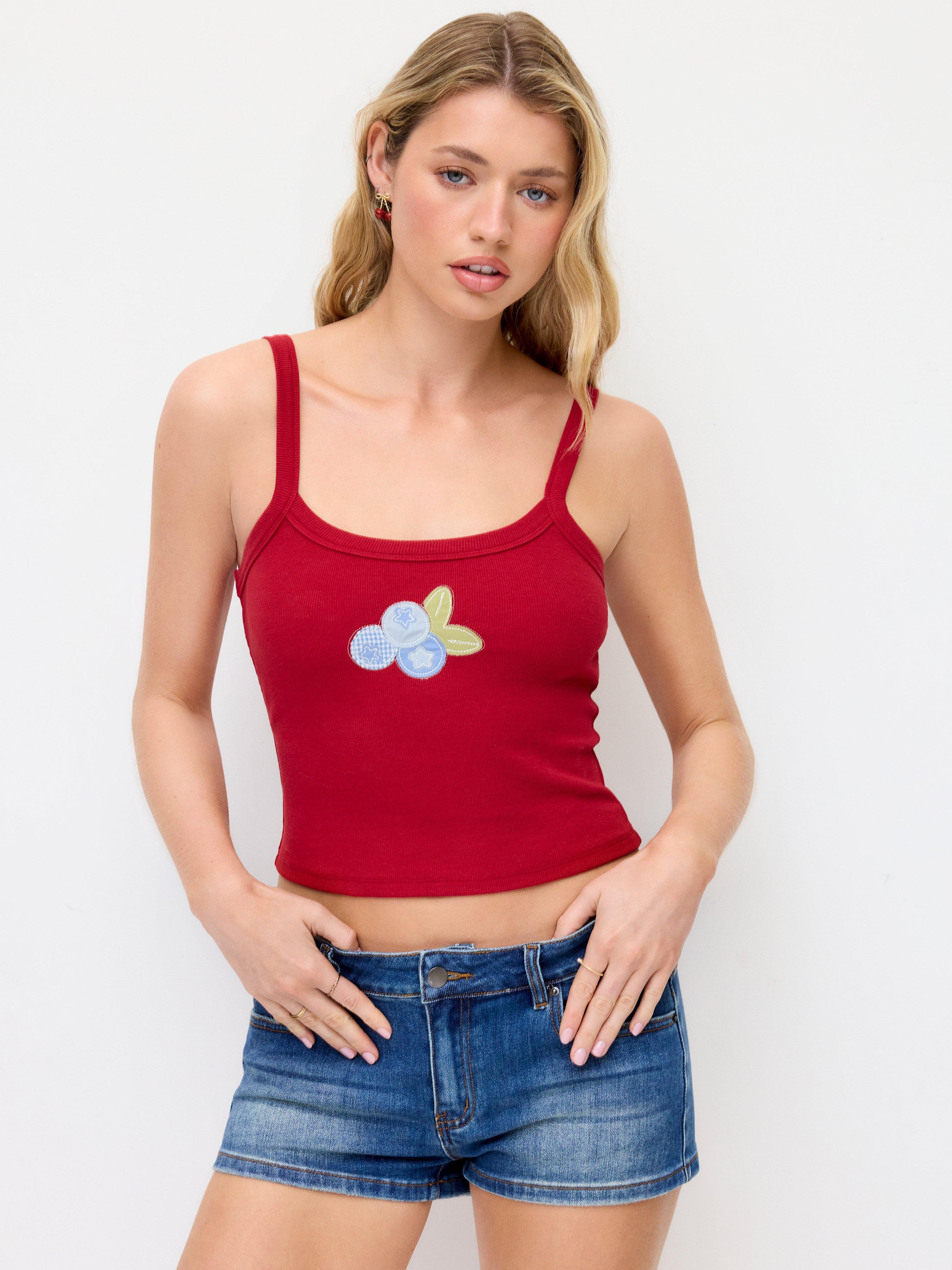 Cotton-blend Fruit Applique Square Neckline Slim Top by CIDER