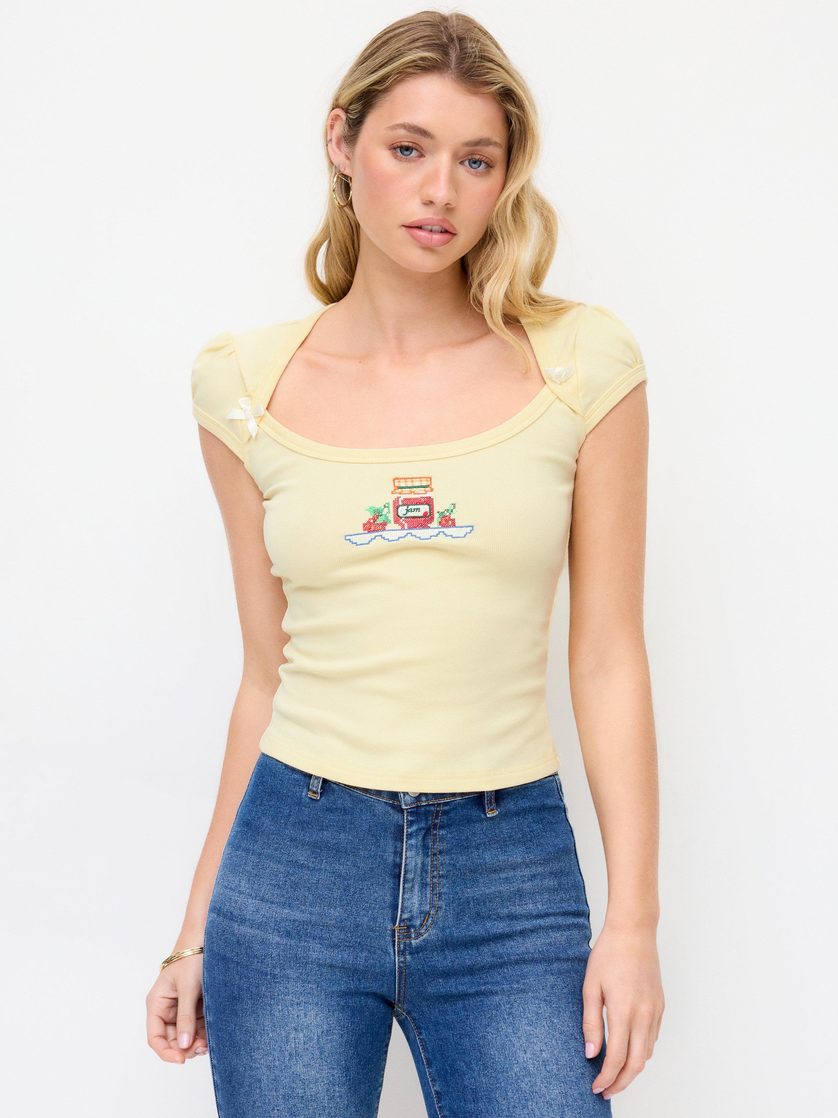 Cotton-blend Fruit Embroidery Bowknot Short Sleeve Tee by CIDER