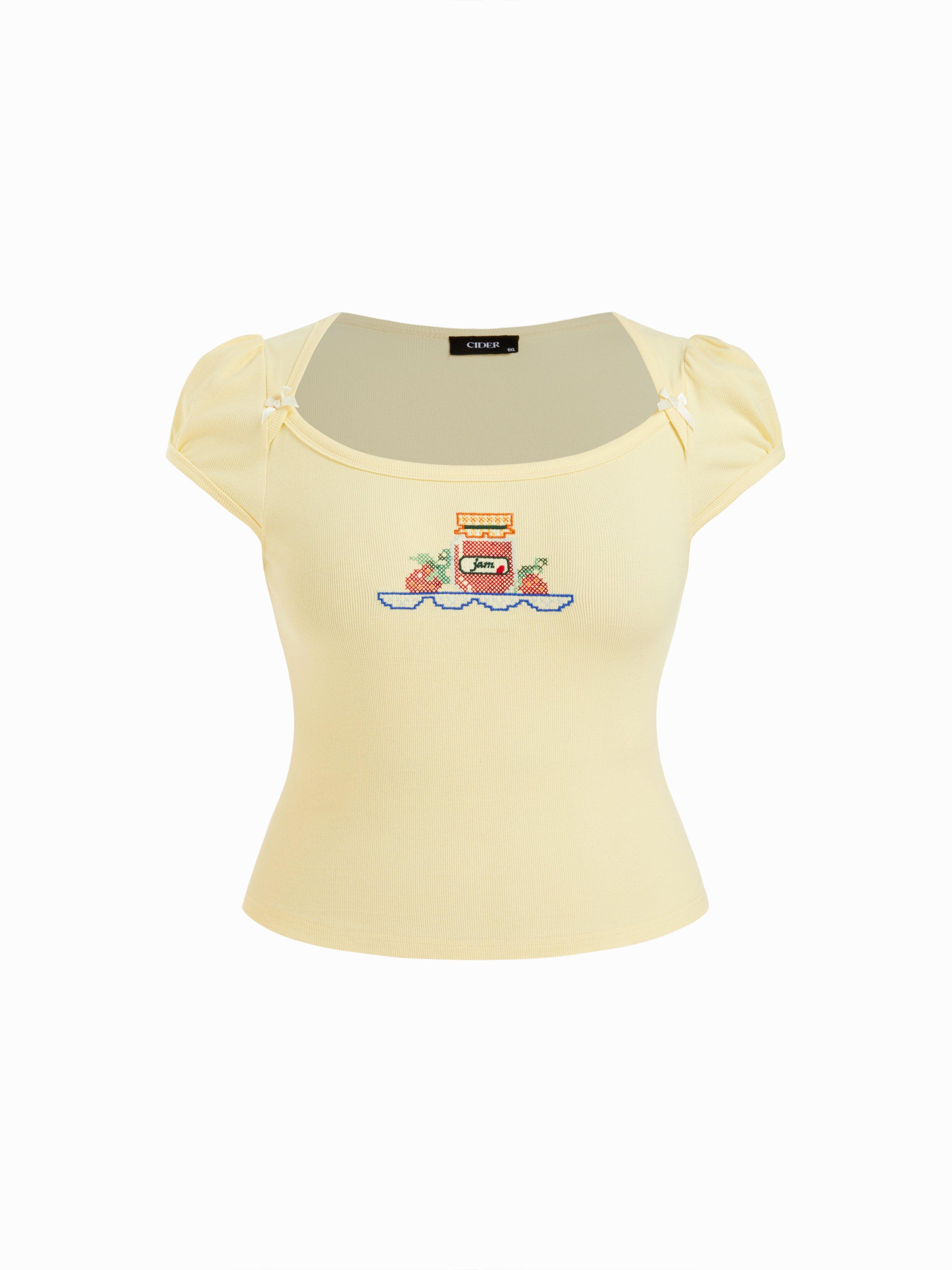 Cotton-blend Fruit Embroidery Bowknot Short Sleeve Tee Curve & Plus by CIDER