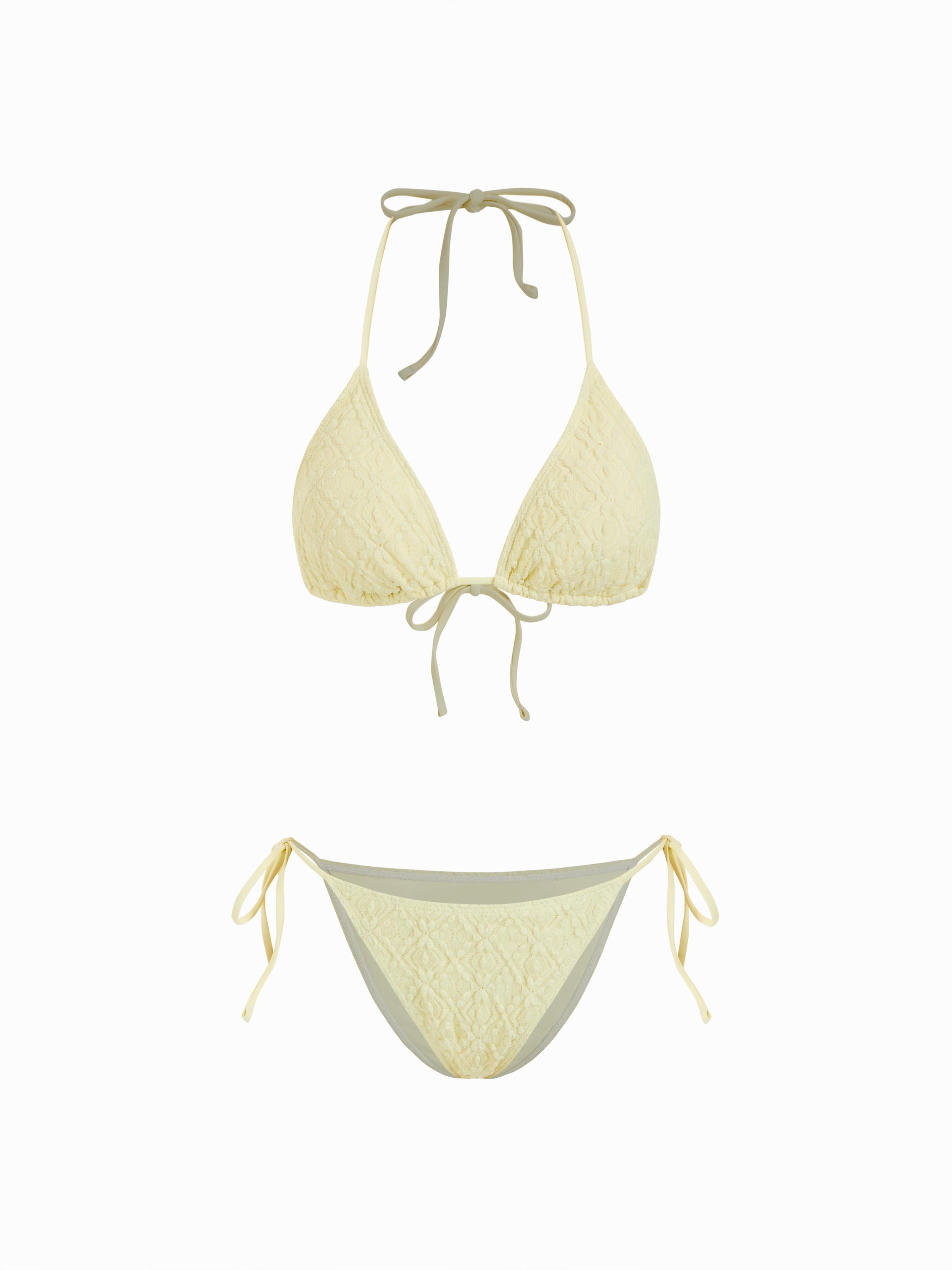 Cotton-blend Geometric Floral Lace Halter Neck Triangle Bikini Set by CIDER