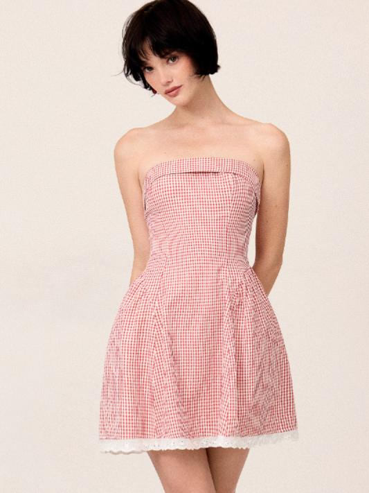 Cotton-blend Gingham Bandeau Bowknot Lace Trim A-line Mini Dress by CIDER