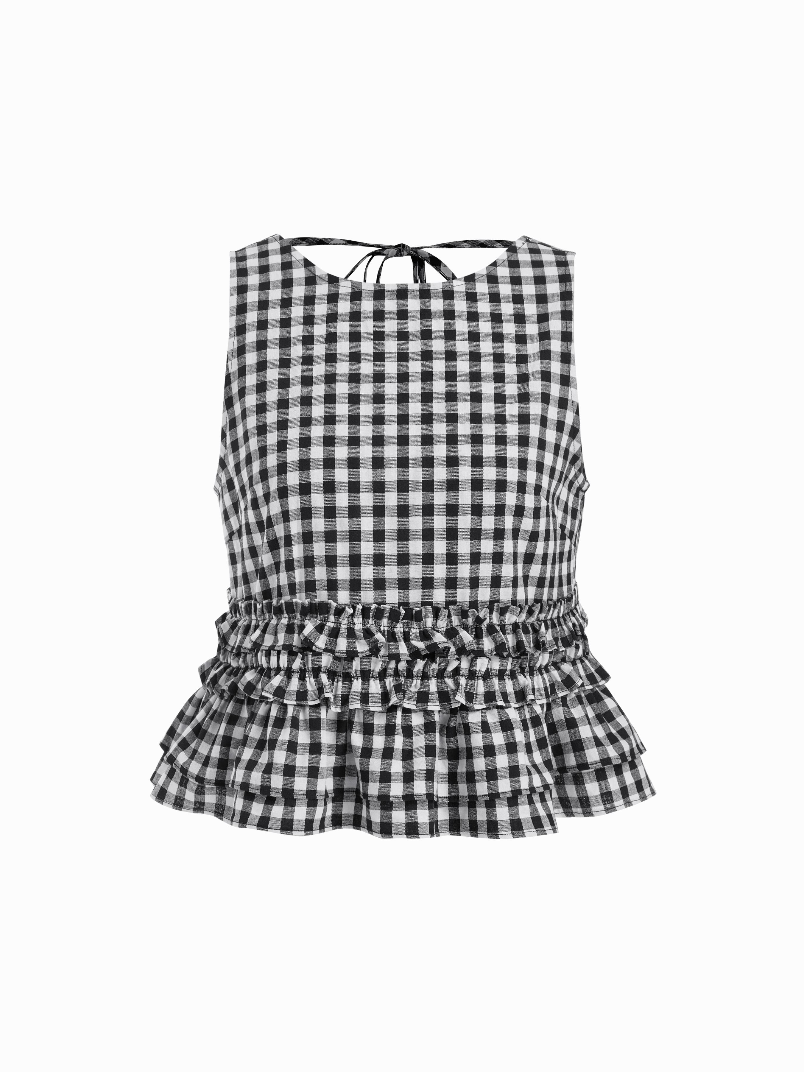 Cotton-blend Gingham Boat Neck Ruffled Top by CIDER