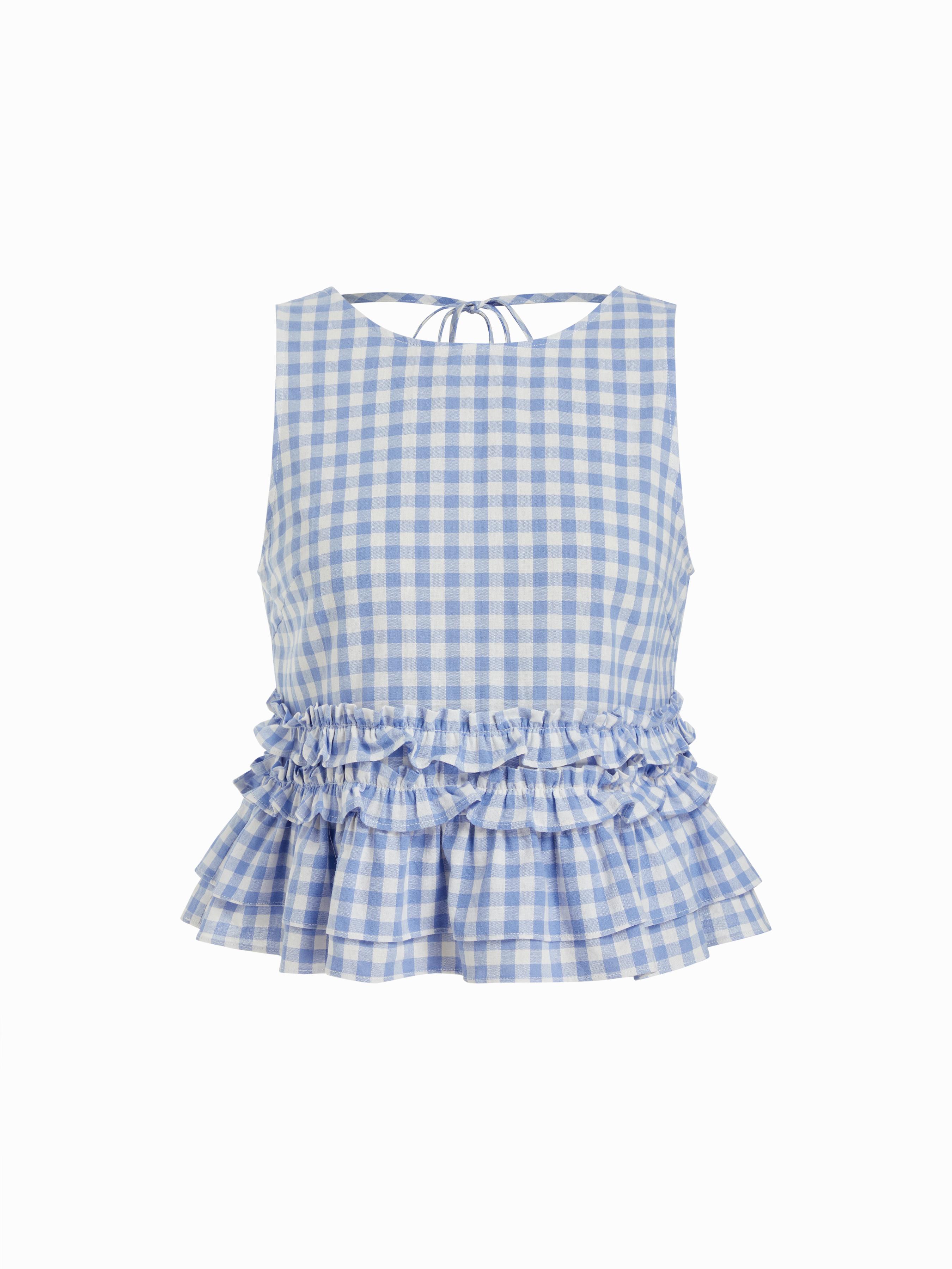 Cotton-blend Gingham Boat Neck Ruffled Top by CIDER