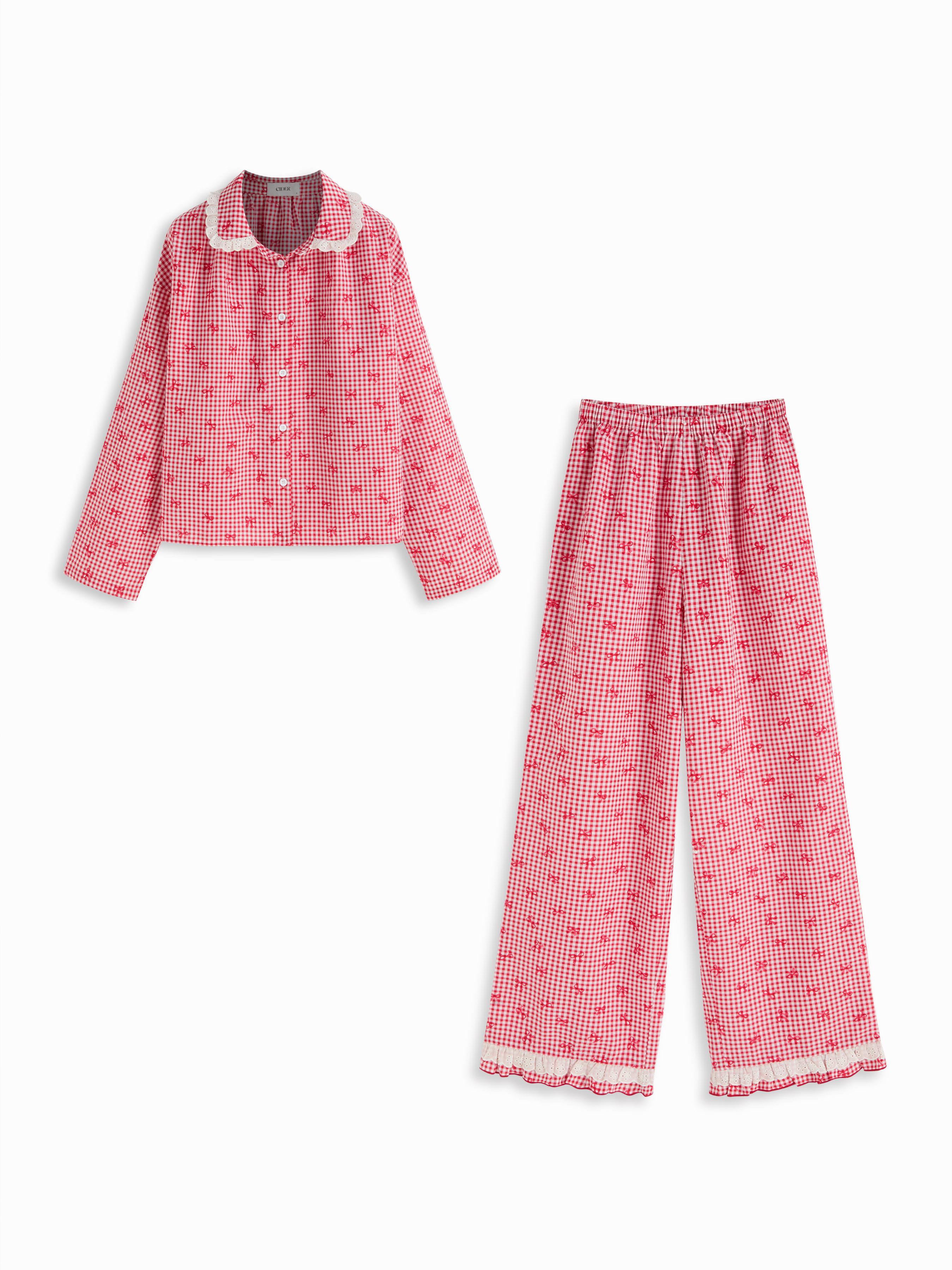 Cotton-blend Gingham Broderie Anglaise Oversized Top & High Rise Lettuce Trim Wide Leg Trousers Loungewear Set by CIDER Cotton-blend Gingham Broderie Anglaise Oversized Top & High Rise Lettuce Trim Wide Leg Trousers Loungewear Set by CIDER