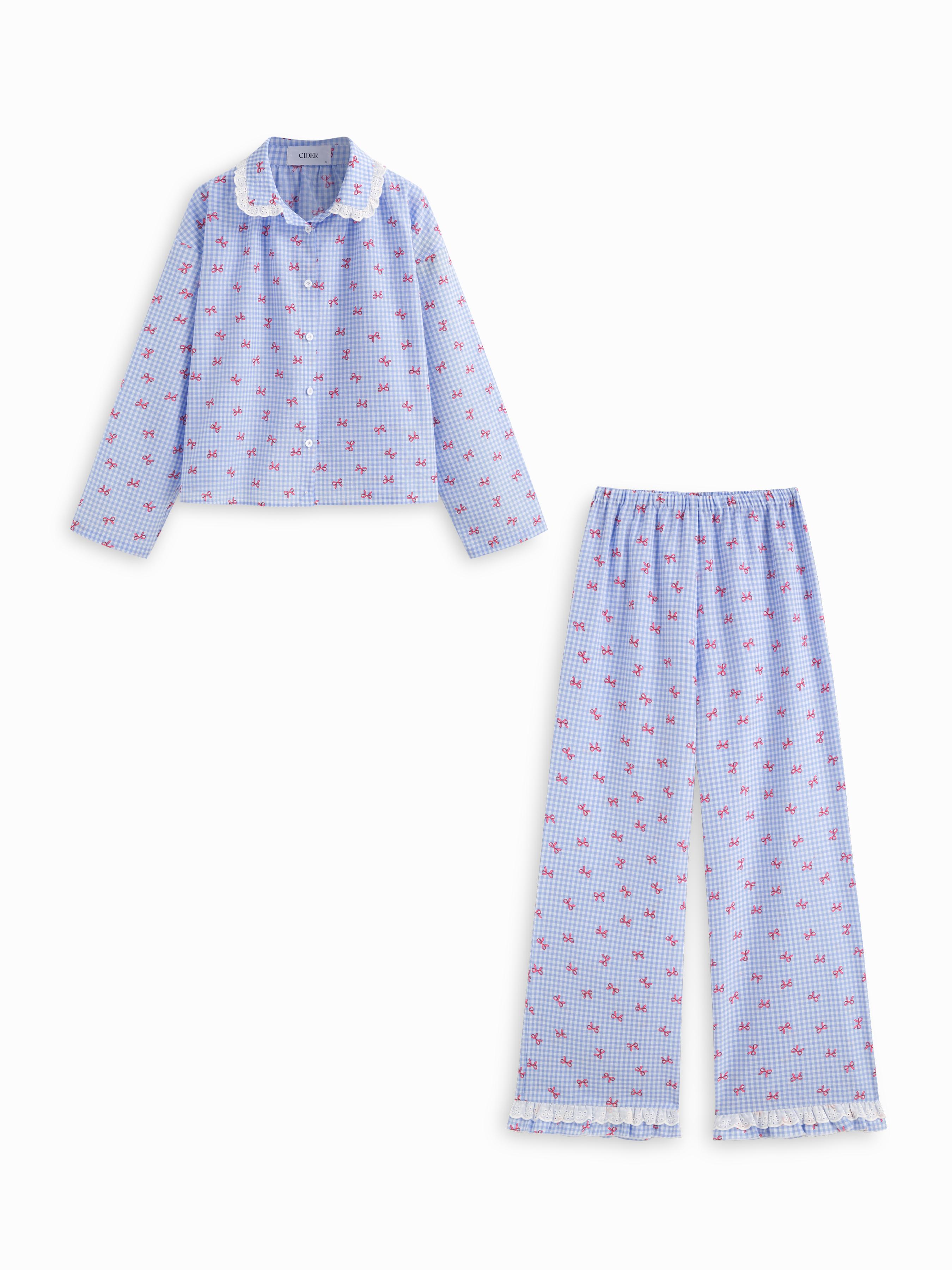 Cotton-blend Gingham Broderie Anglaise Oversized Top & High Rise Lettuce Trim Wide Leg Trousers Loungewear Set by CIDER
