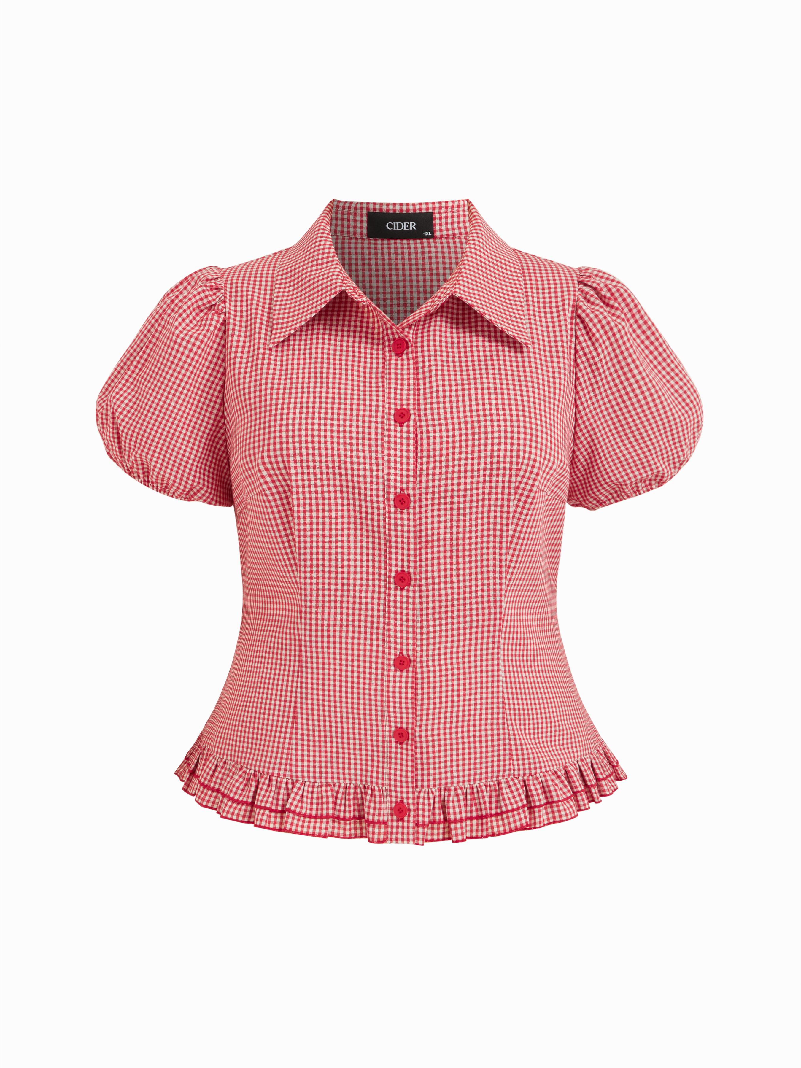 Cotton-blend Gingham Knotted Ruffle Hem Puff Sleeve Blouse Curve & Plus by CIDER