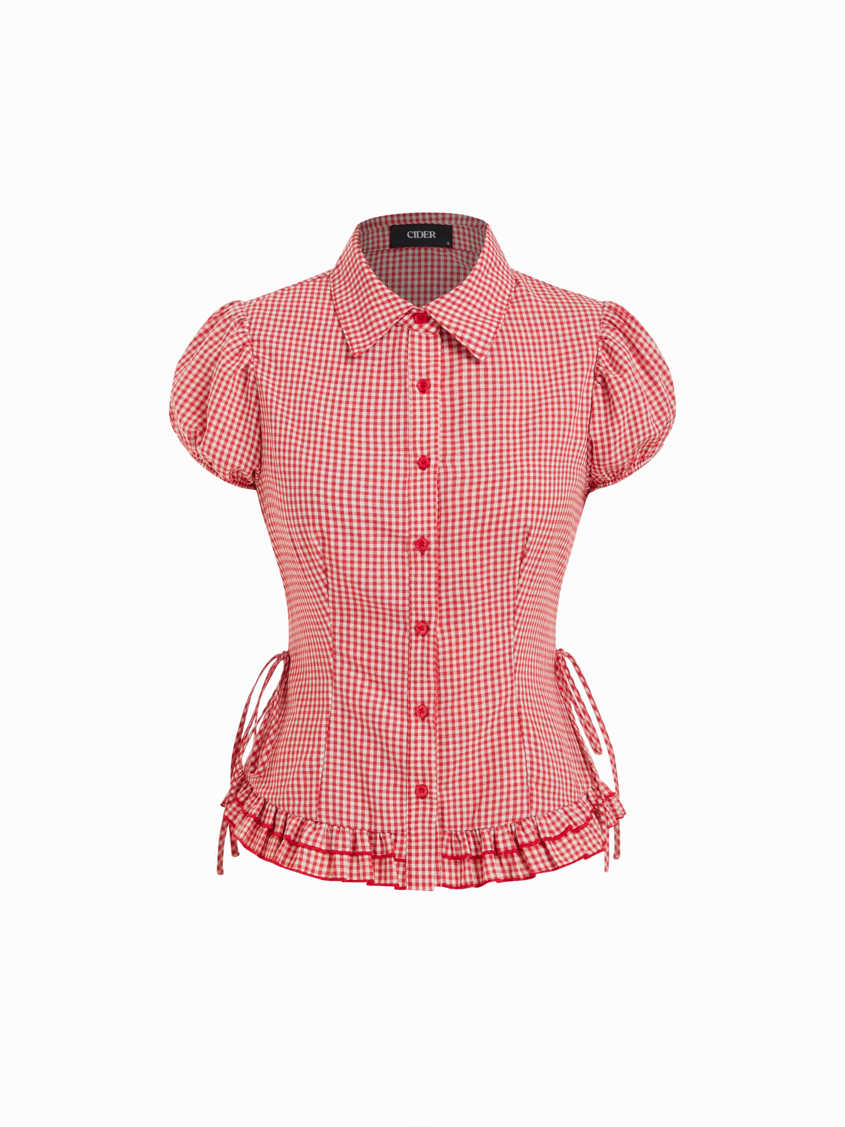 Cotton-blend Gingham Knotted Ruffle Hem Puff Sleeve Blouse by CIDER