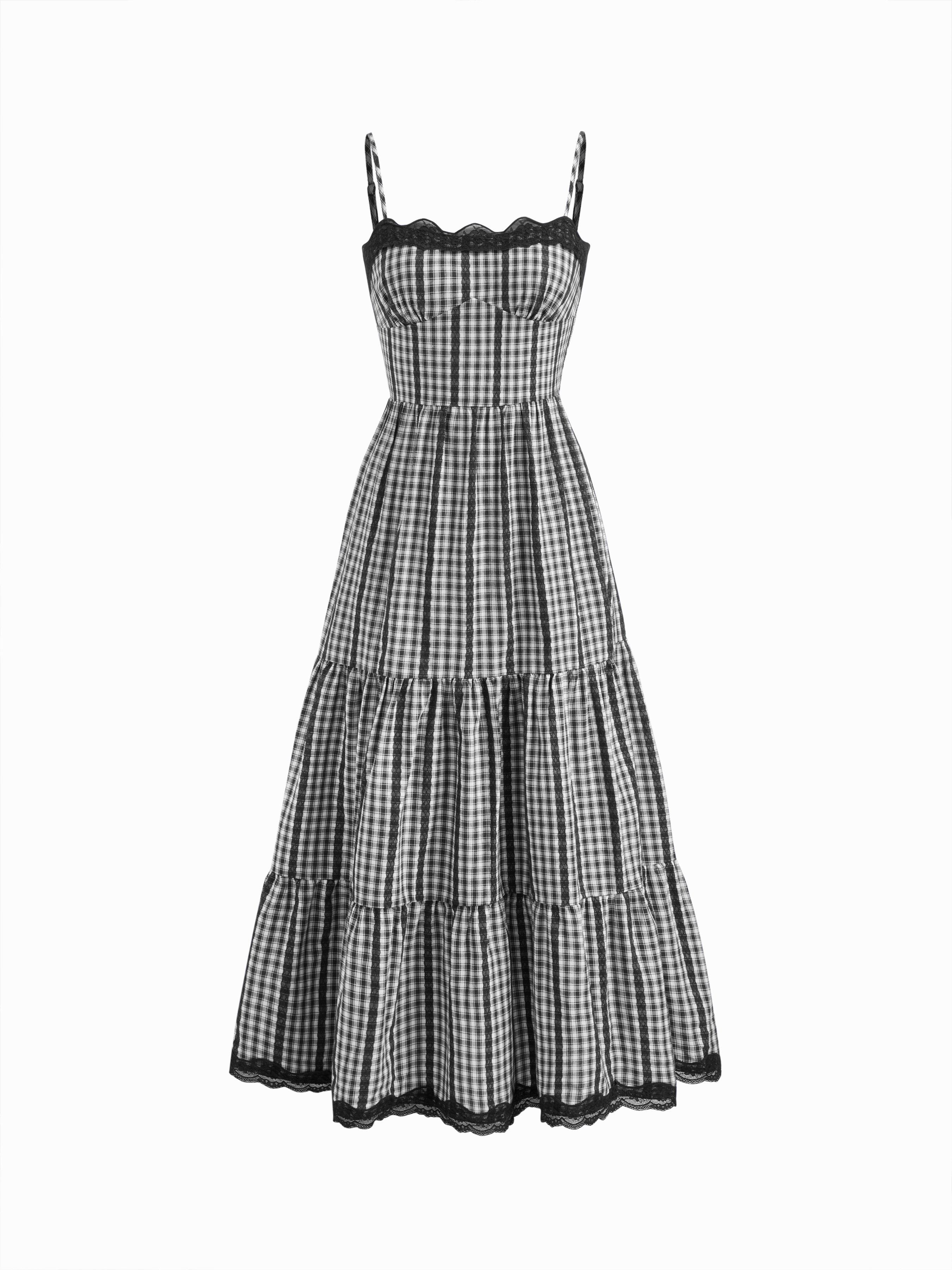 Cotton-blend Gingham Lace Trim Tiered Shirred Maxi Dress by CIDER