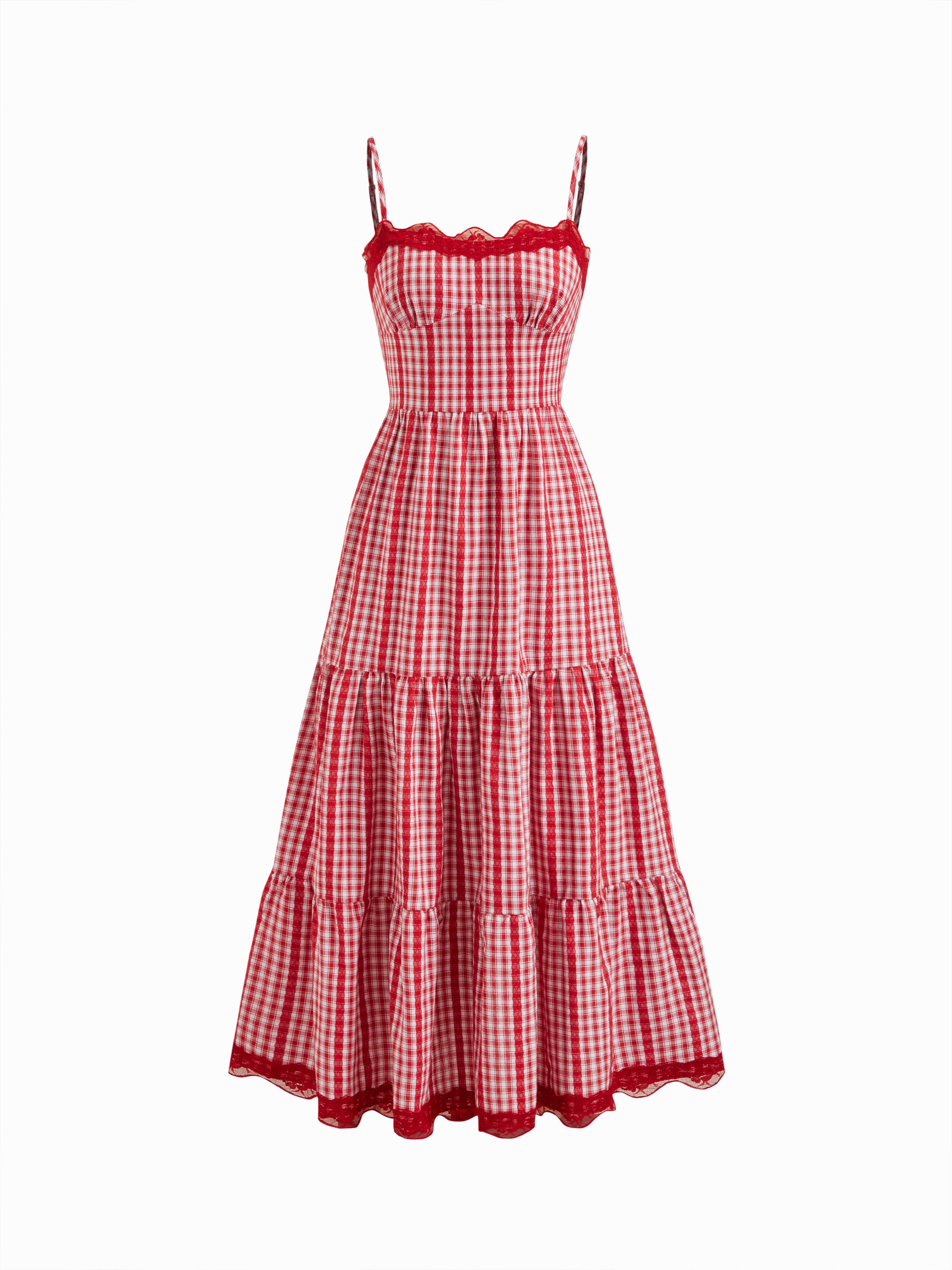 Cotton-blend Gingham Lace Trim Tiered Shirred Maxi Dress by CIDER