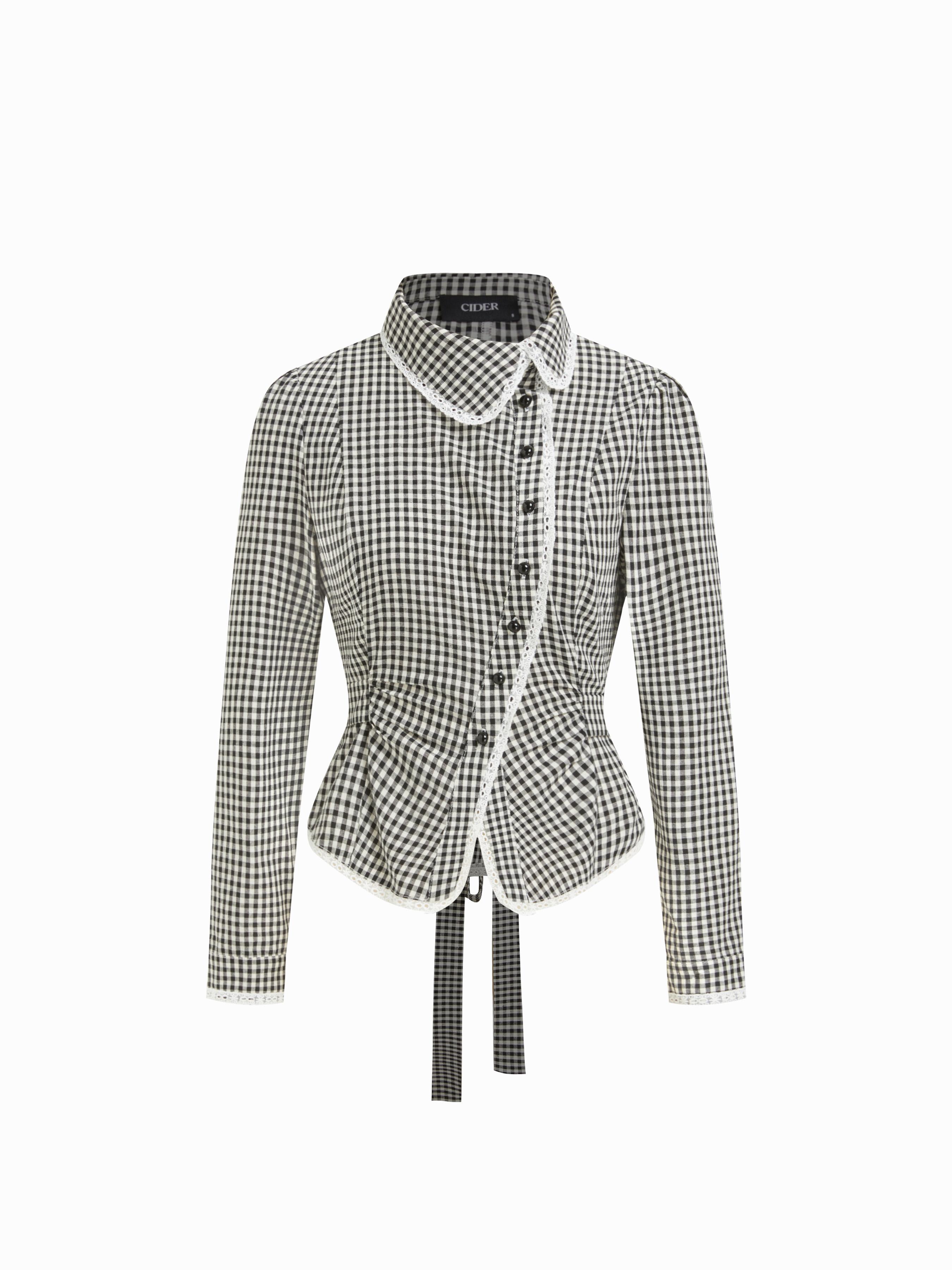 Cotton-blend Gingham Peter Pan Collar Broderie Anglaise Bowknot Blouse by CIDER