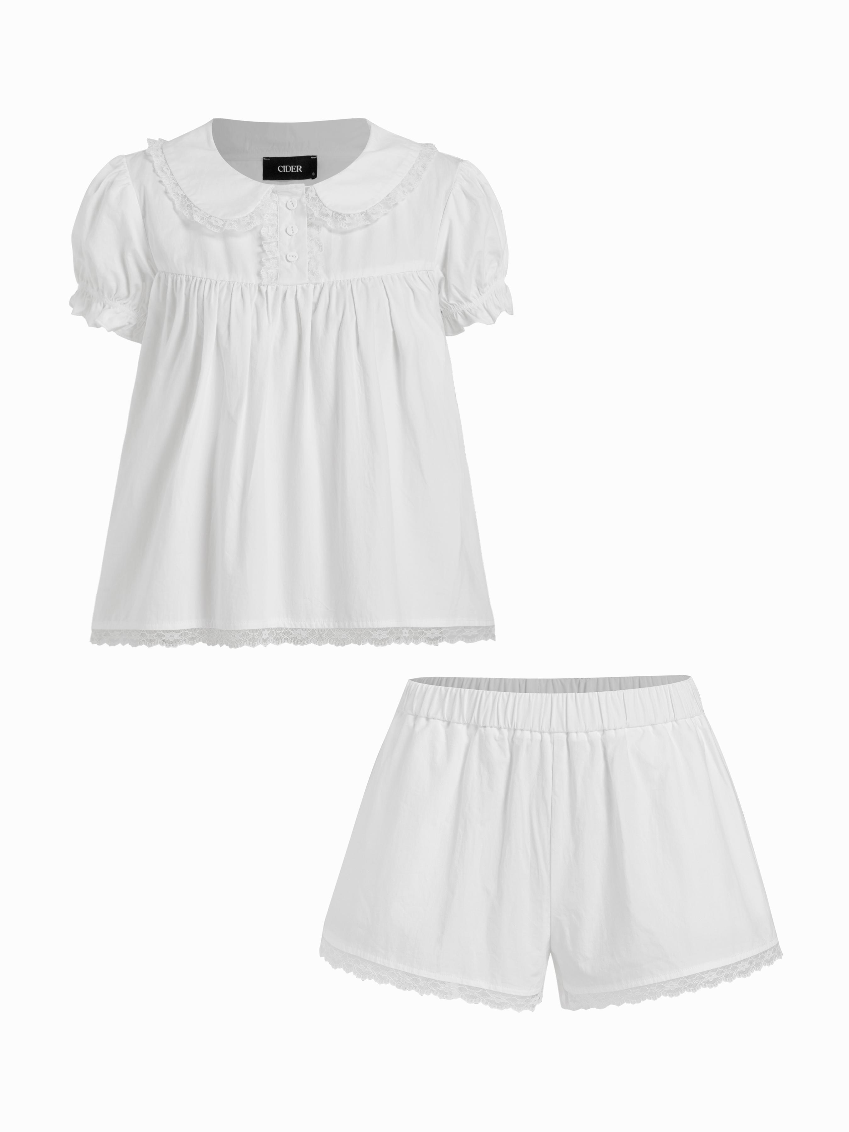 Cotton-blend Gingham Peter Pan Collar Oversized Top & Mid Rise Lace Trim Straight Leg Shorts Set by CIDER