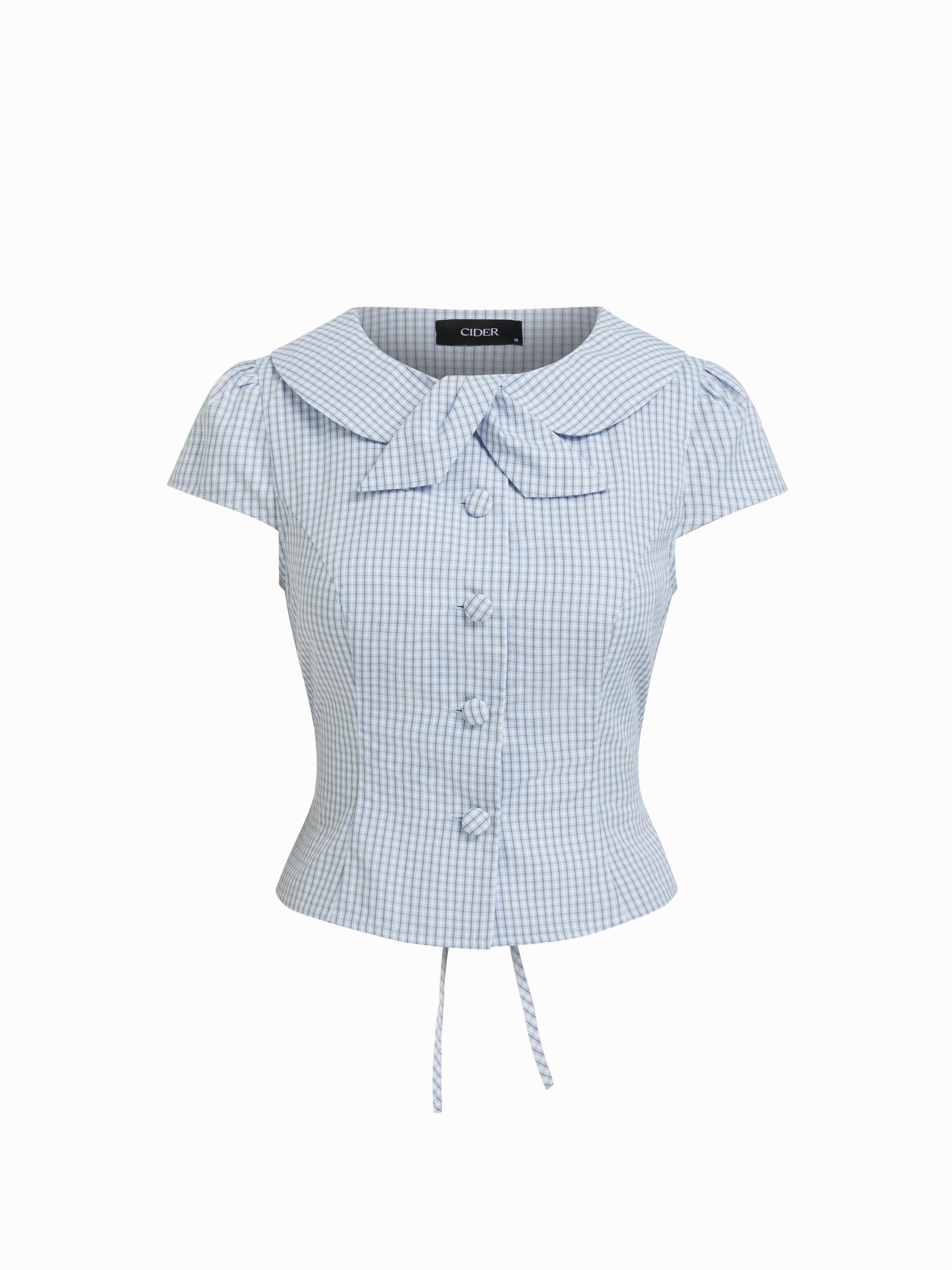 Cotton-blend Gingham Peter Pan Collar Puff Sleeve Bowknot Blouse by CIDER