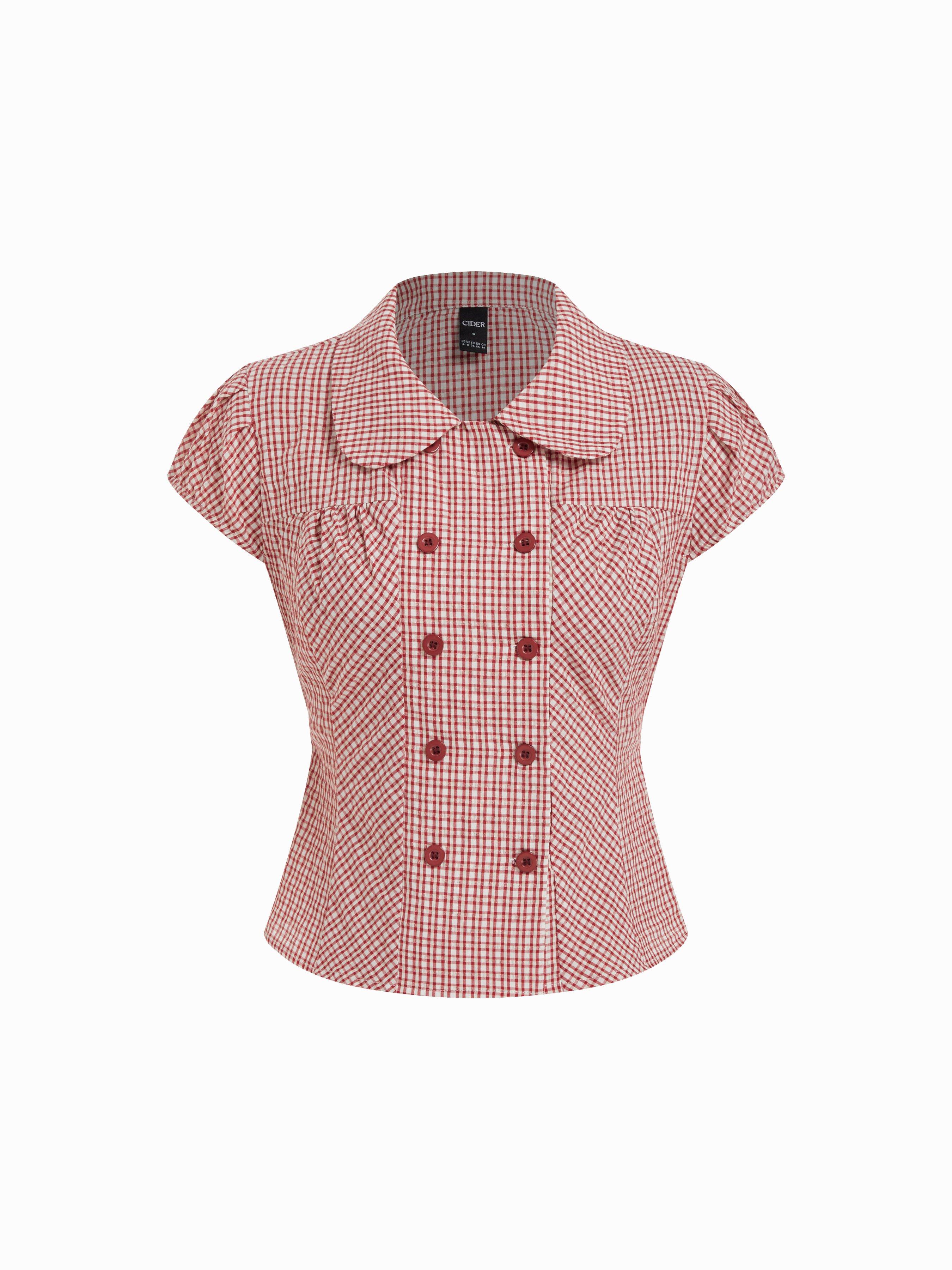 Cotton-blend Gingham Peter Pan Collar Puff Sleeve Double Breasted Blouse by CIDER