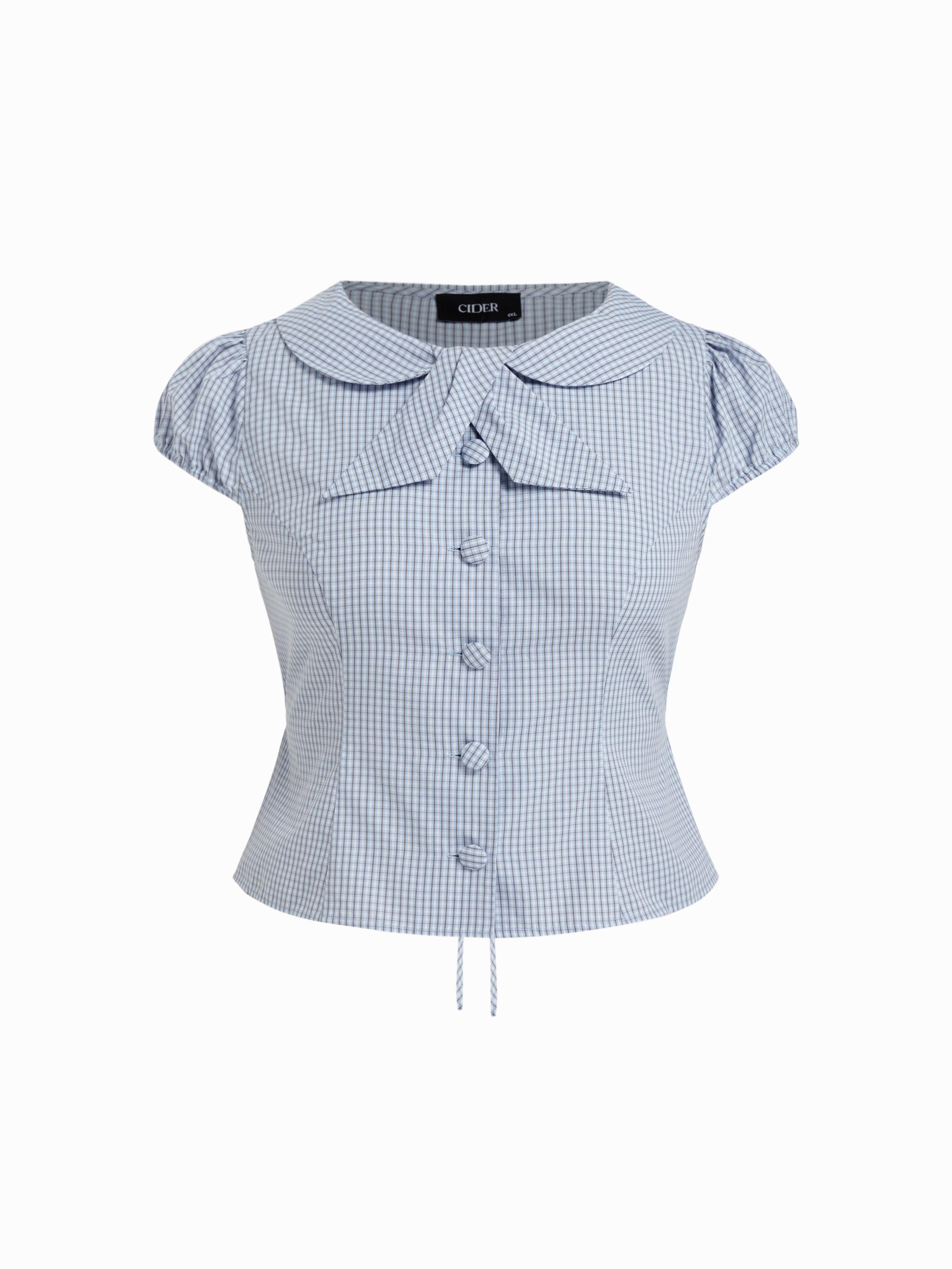 Cotton-blend Gingham Peter Pan Collar Puff Sleeve Knotted Blouse Curve & Plus by CIDER