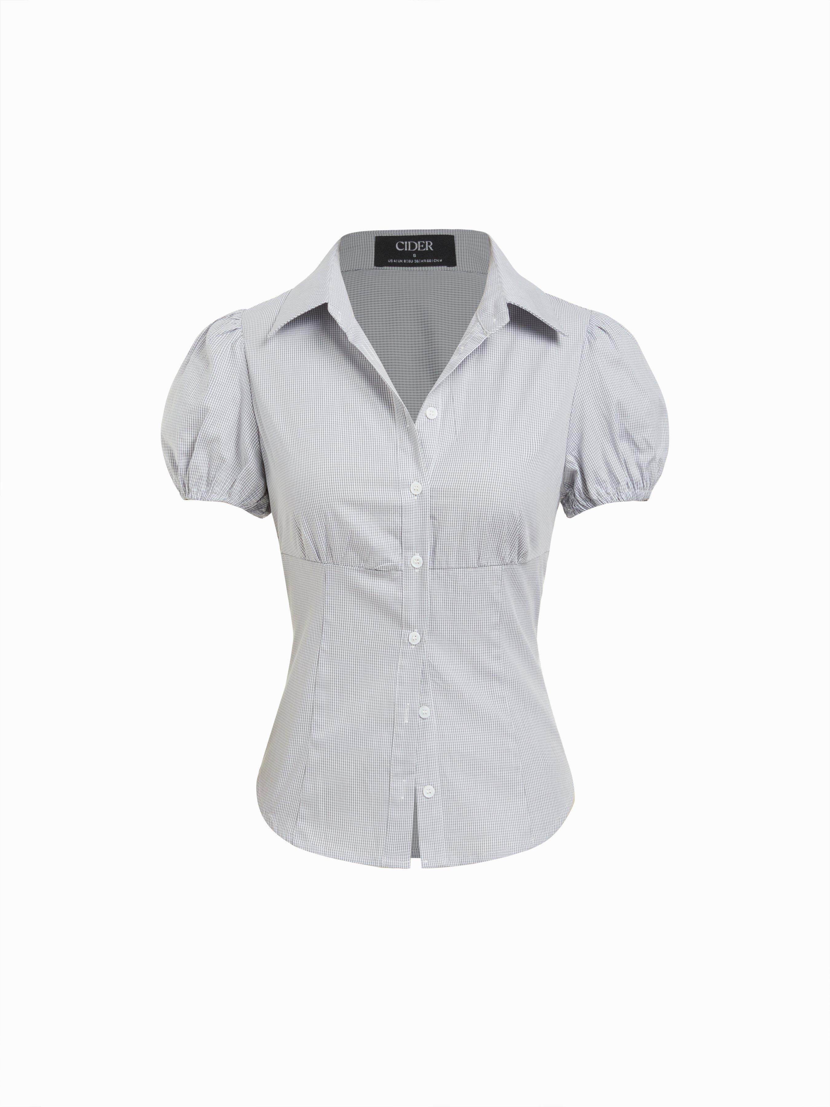 Cotton-blend Gingham Ruched Puff Sleeve Blouse by CIDER