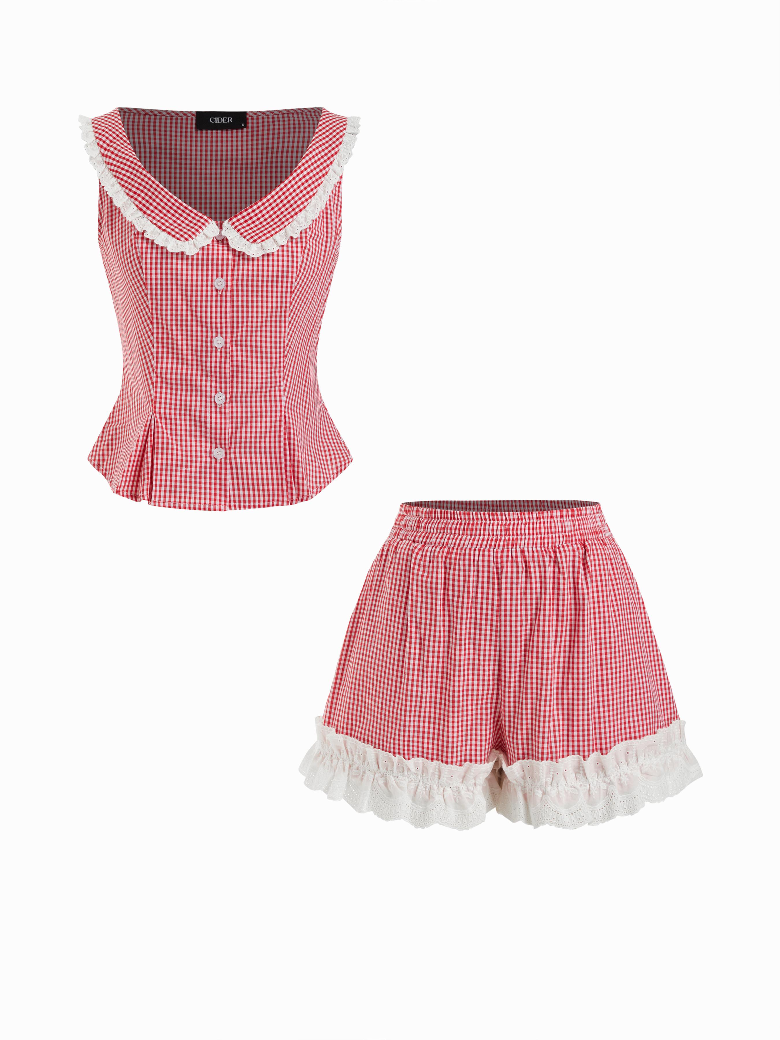 Cotton-blend Gingham Ruched Top & Mid Rise Lace Trim Shorts Set by CIDER