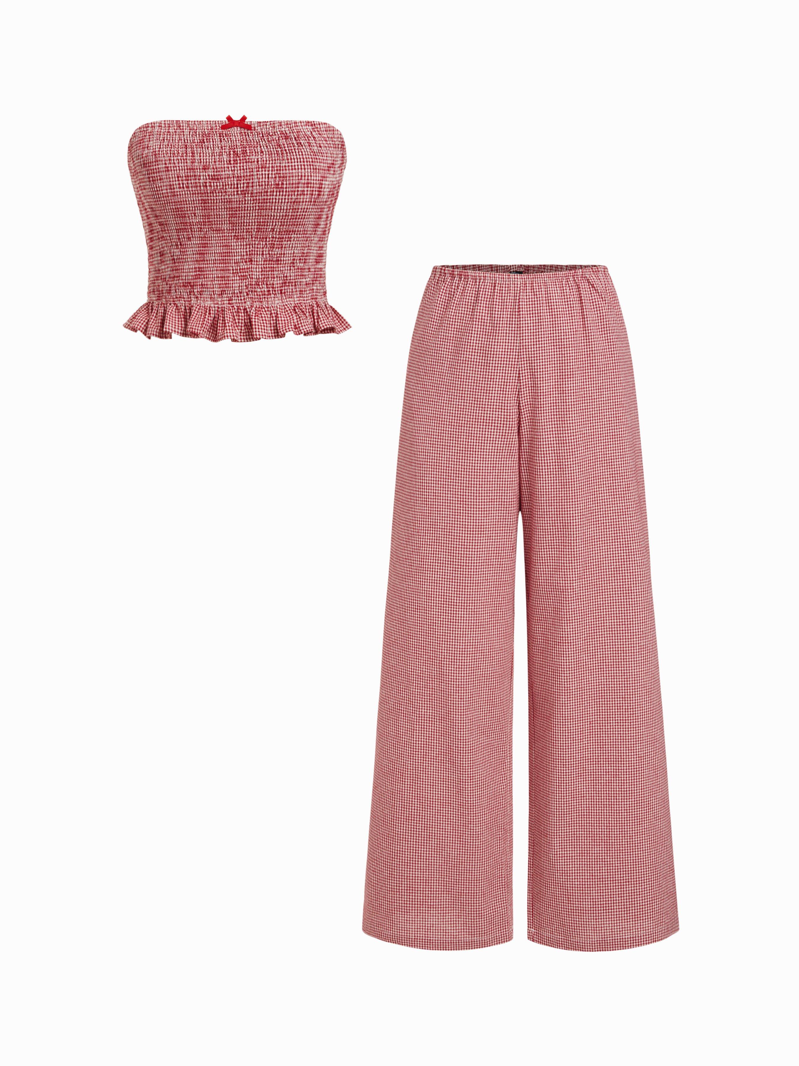 Cotton-blend Gingham Shirred Strapless Top & Low Rise Straight Leg Trousers Set by CIDER