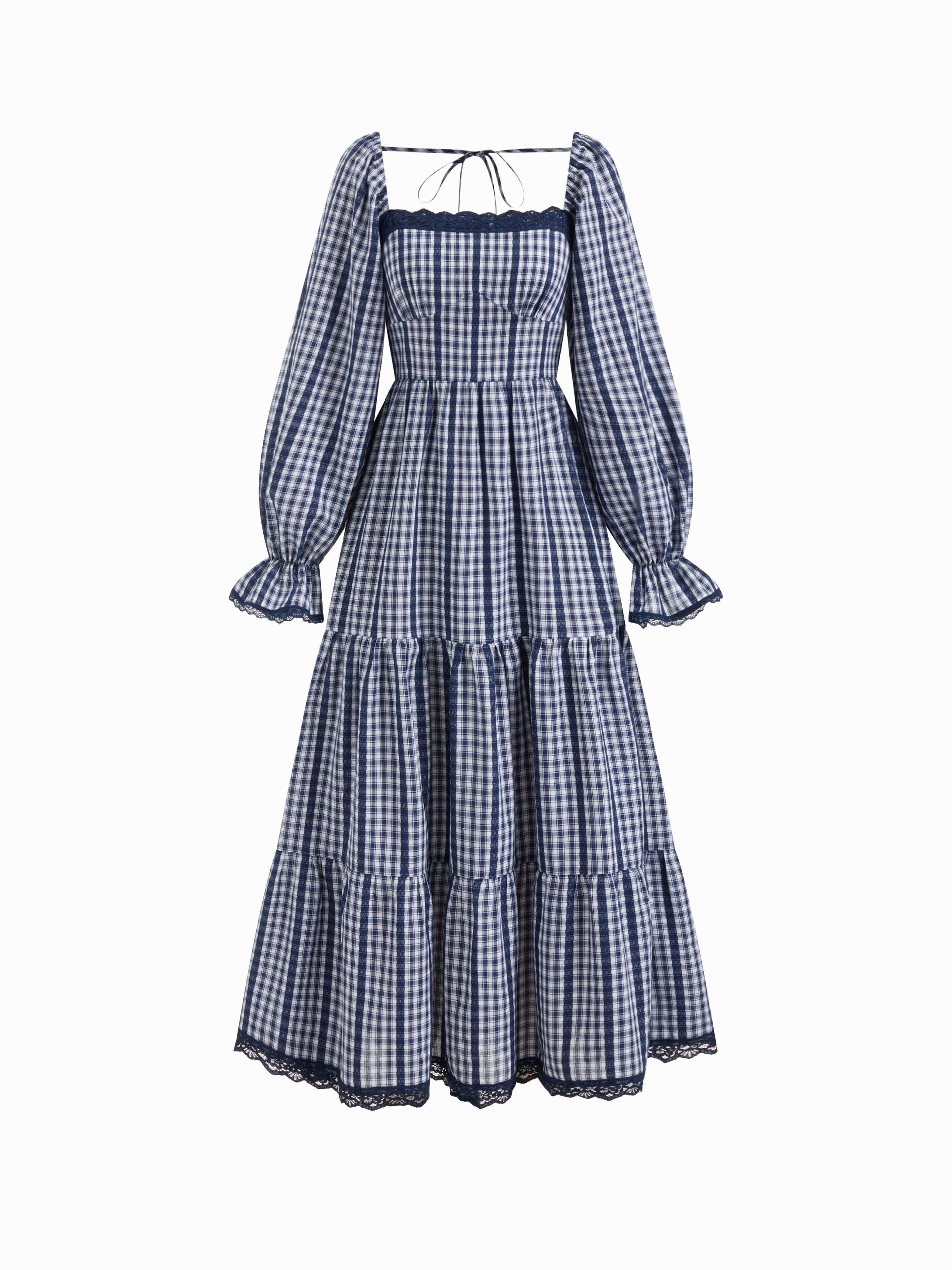 Cotton-blend Gingham Square Neck Long Sleeve Lace Trim Maxi Tiered Dress by CIDER